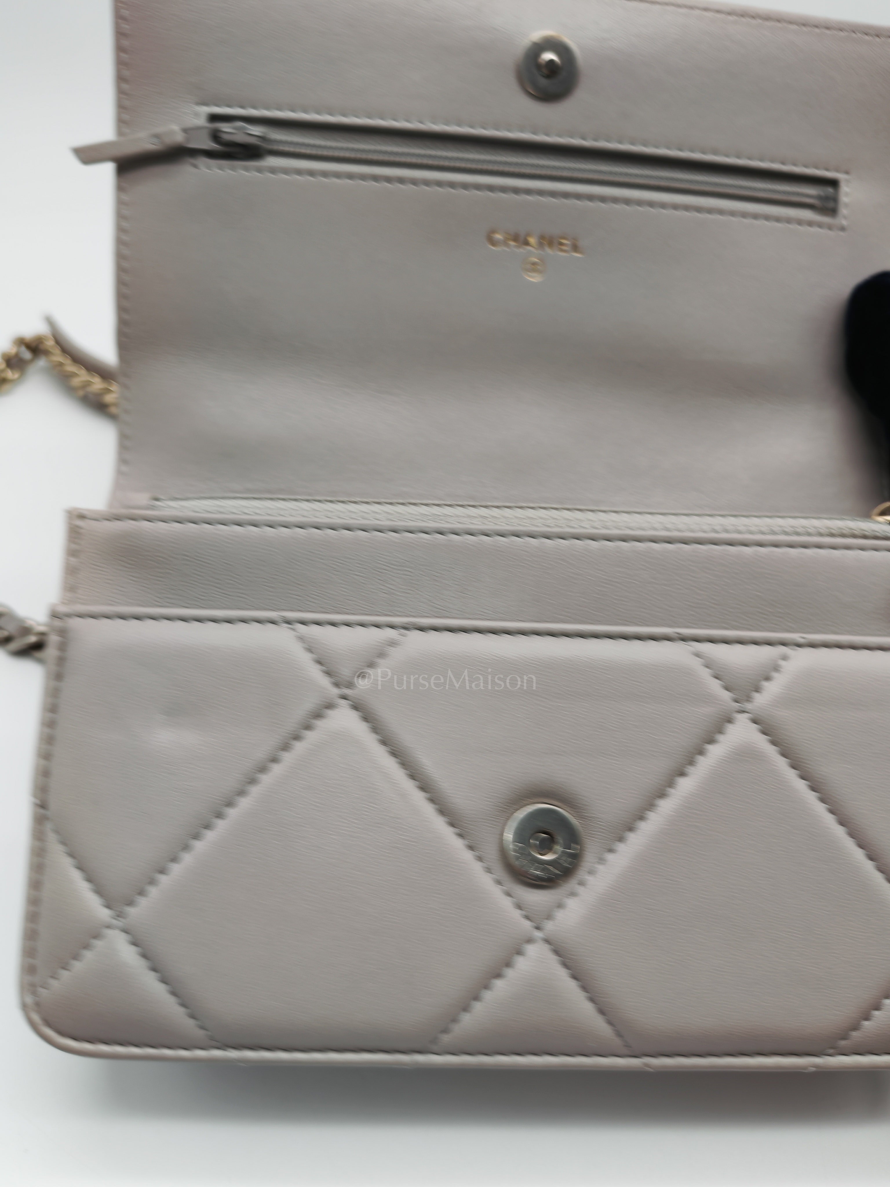 Wallet on Chain in Gray Lambskin Leather & Mixed Hardware Microchip