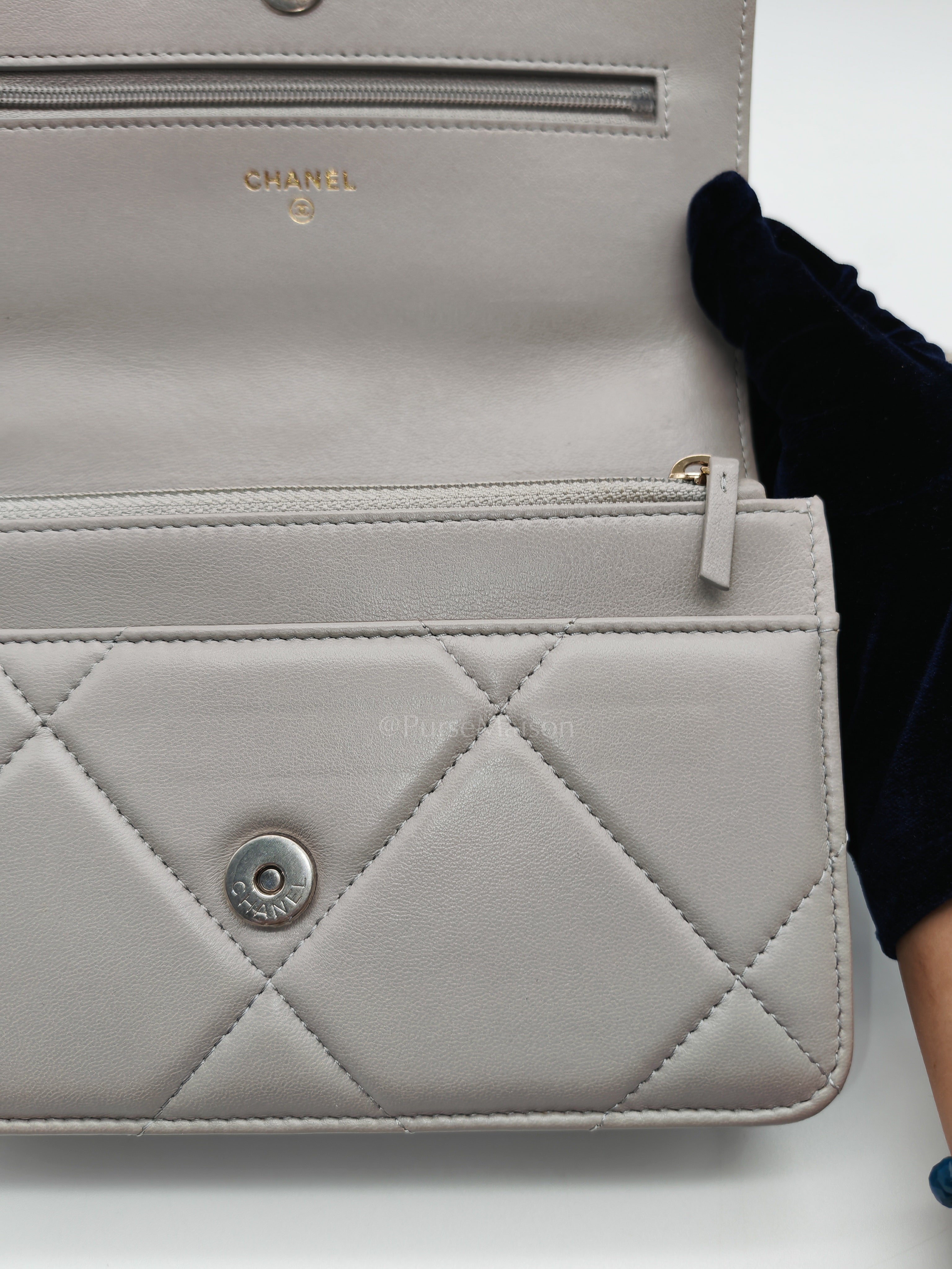 Wallet on Chain in Gray Lambskin Leather & Mixed Hardware Microchip
