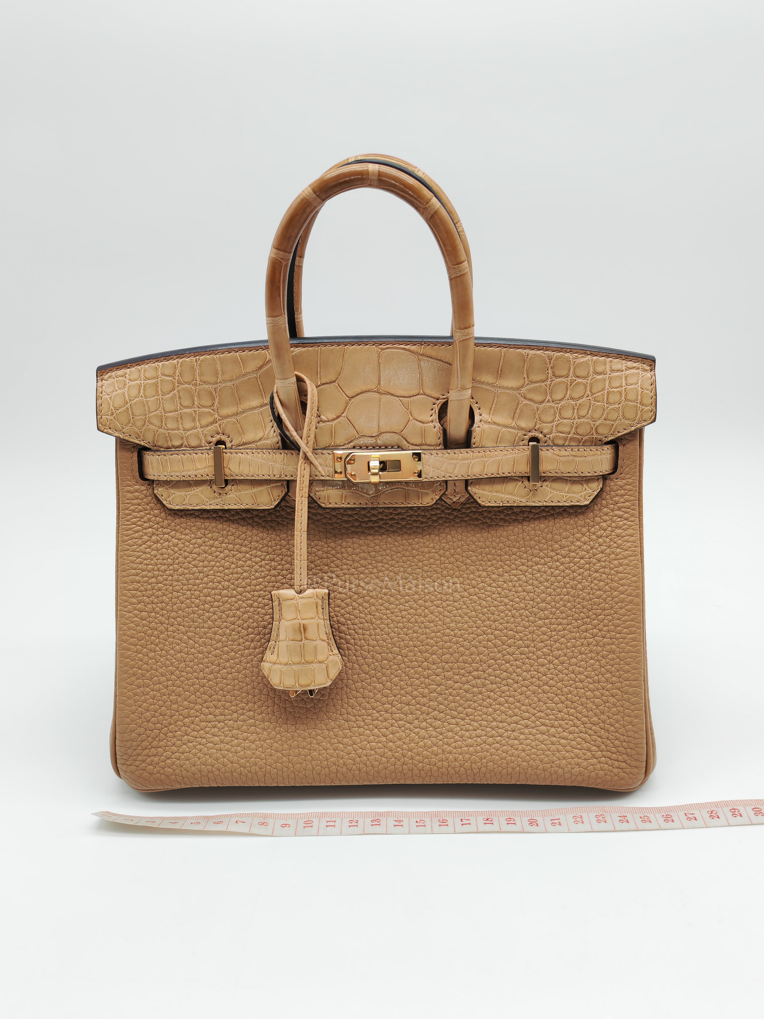 Birkin 25 Retourne Touch in Chai Togo and Alligator Leather in Permabrass Hardware Stamp U (2022)