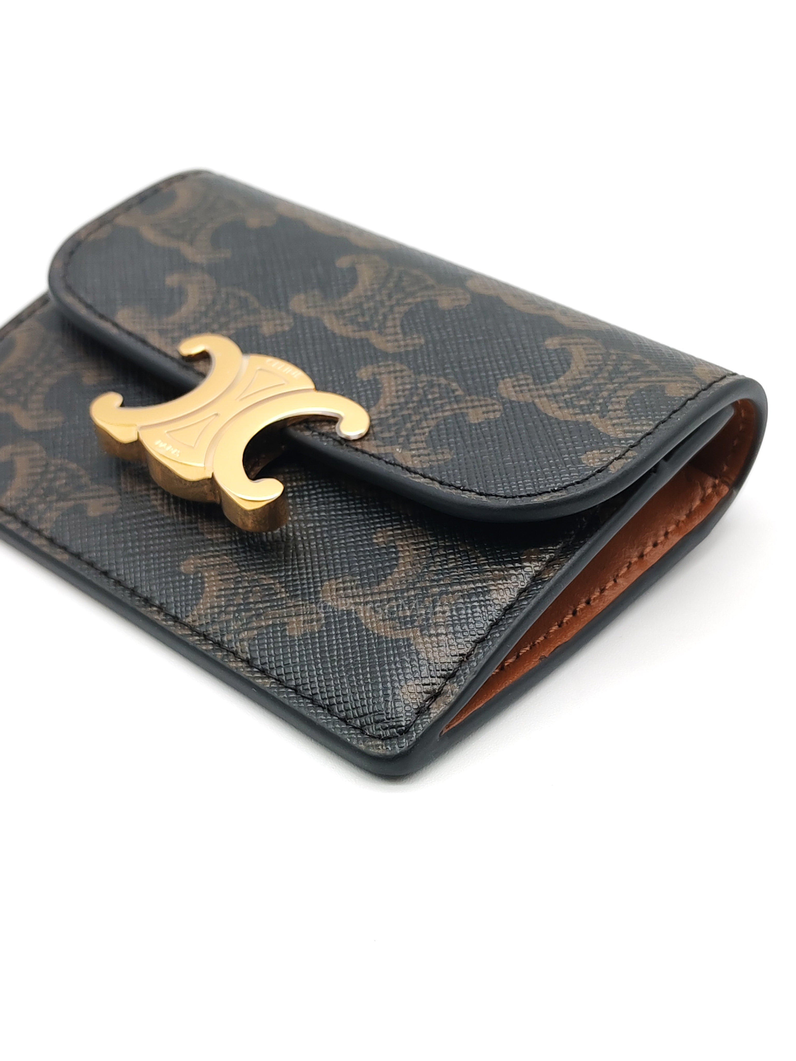 Triomphe Compact Wallet in Black & Gold Hardware