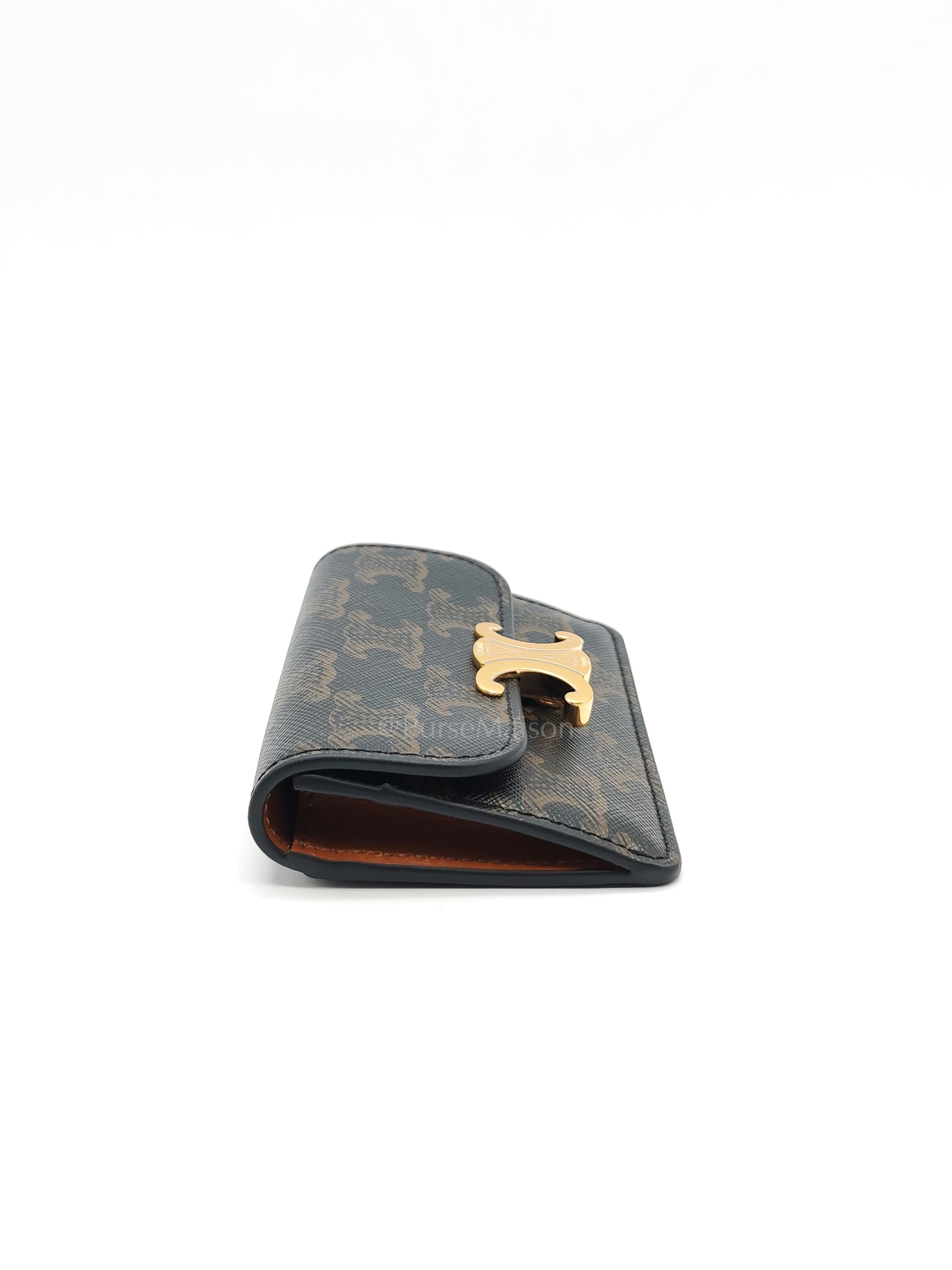 Triomphe Compact Wallet in Black & Gold Hardware