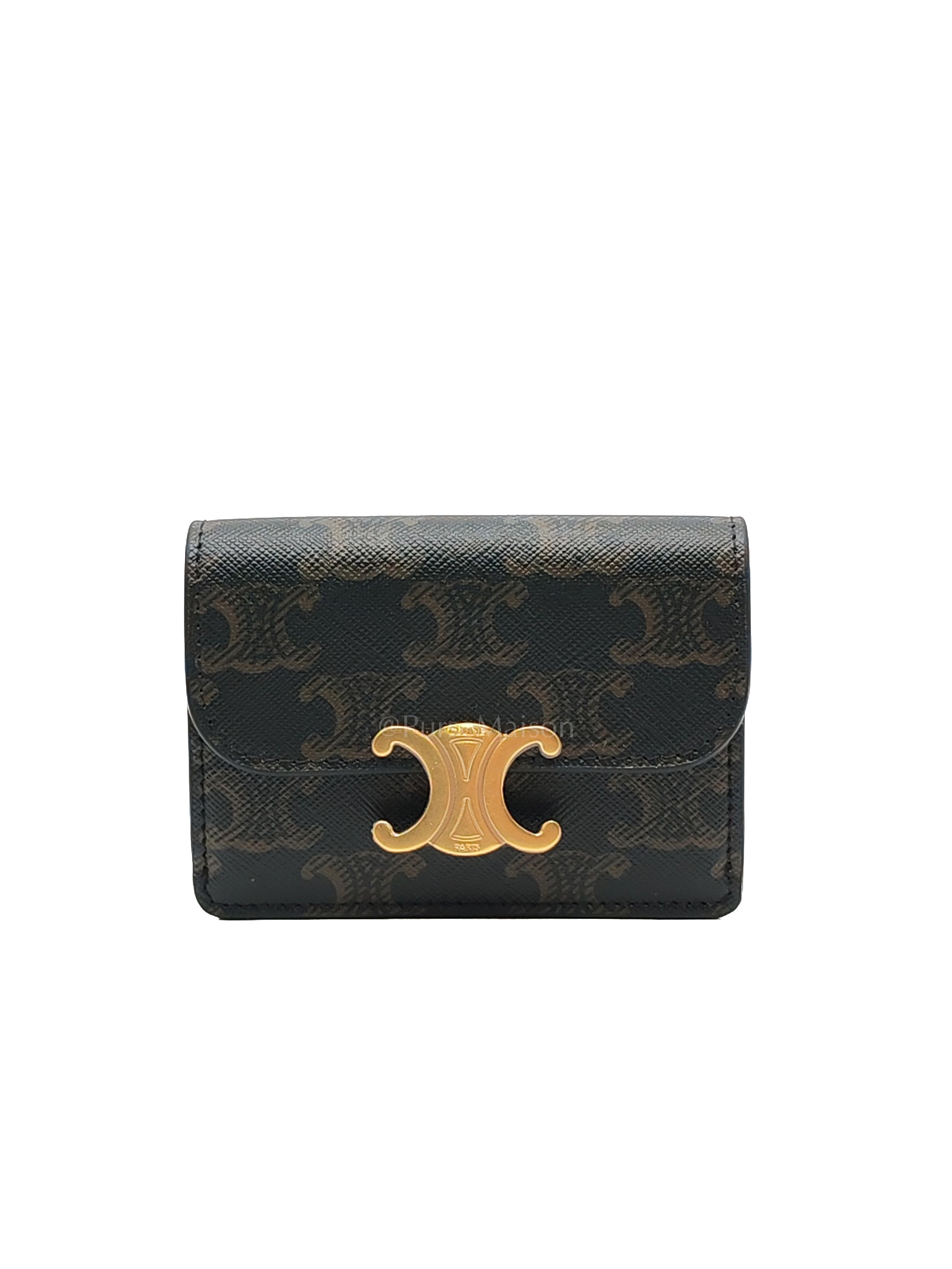 Triomphe Compact Wallet in Black & Gold Hardware