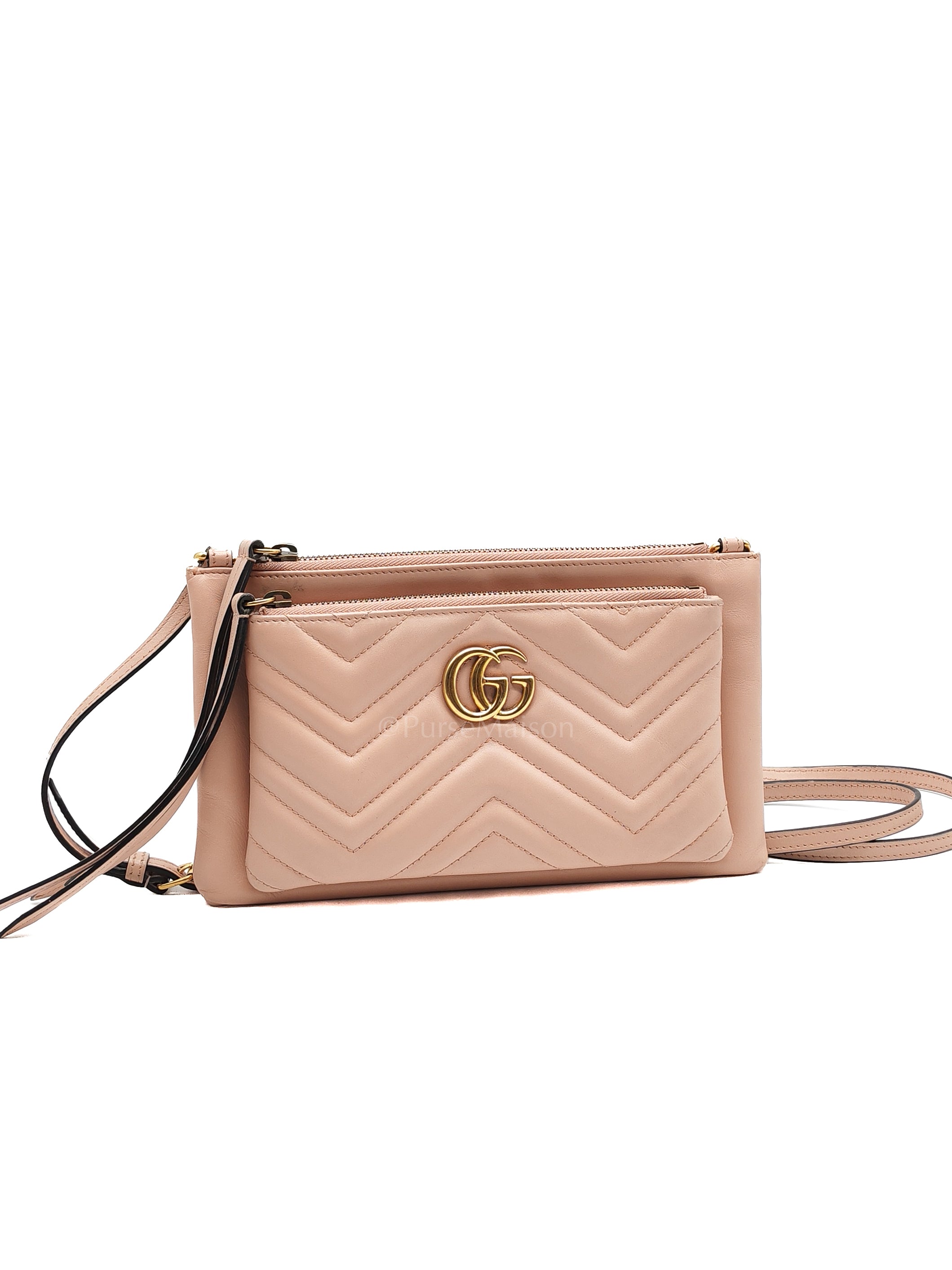 Double Pouch Shoulder Bag in Blush Pink Marmont Matellase Leather & Gold Hardware