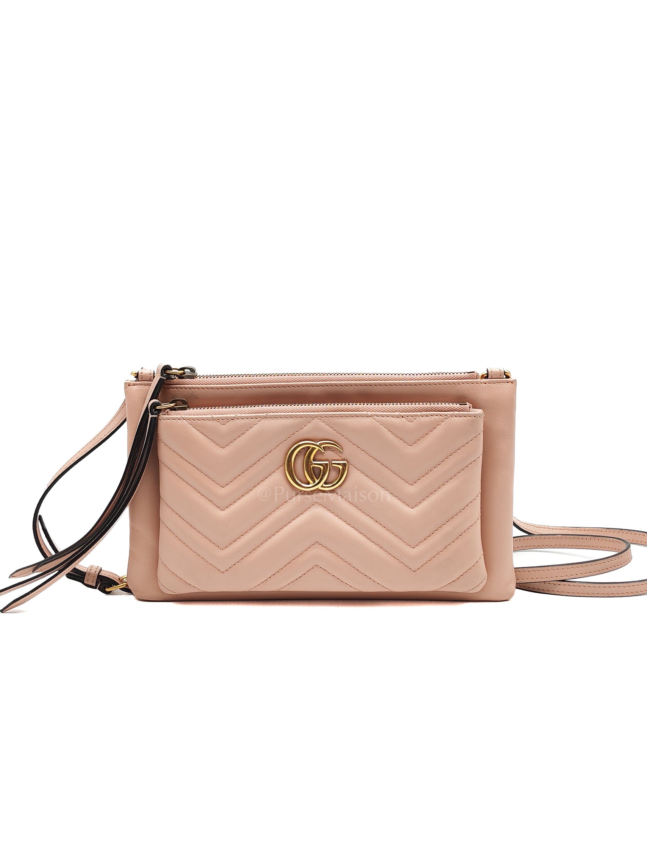 Double Pouch Shoulder Bag in Blush Pink Marmont Matellase Leather & Gold Hardware