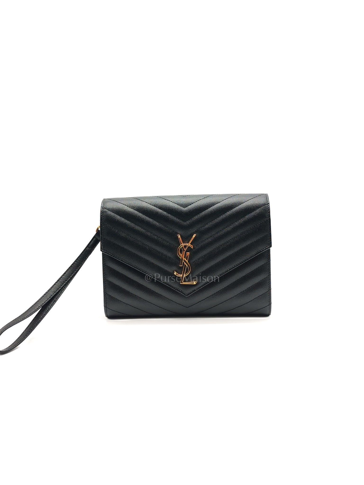 Cassandre Matelasse Flap Clutch in Black Grained Calfskin Leather Gold Hardware