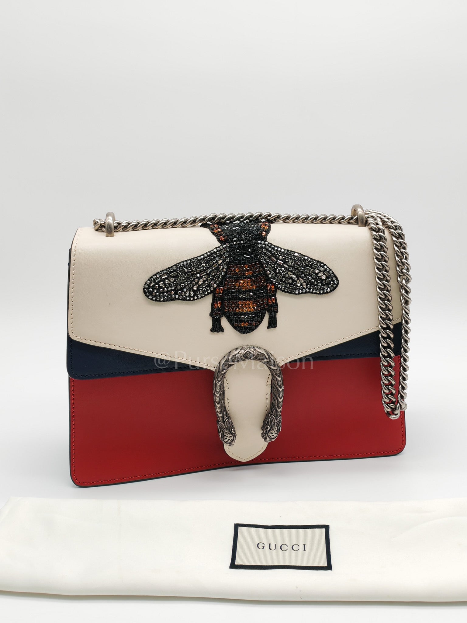 Dionysus Medium Shoulder Bag in Tricolor Prominent Embroidered Bee and Ruthenium Hardware