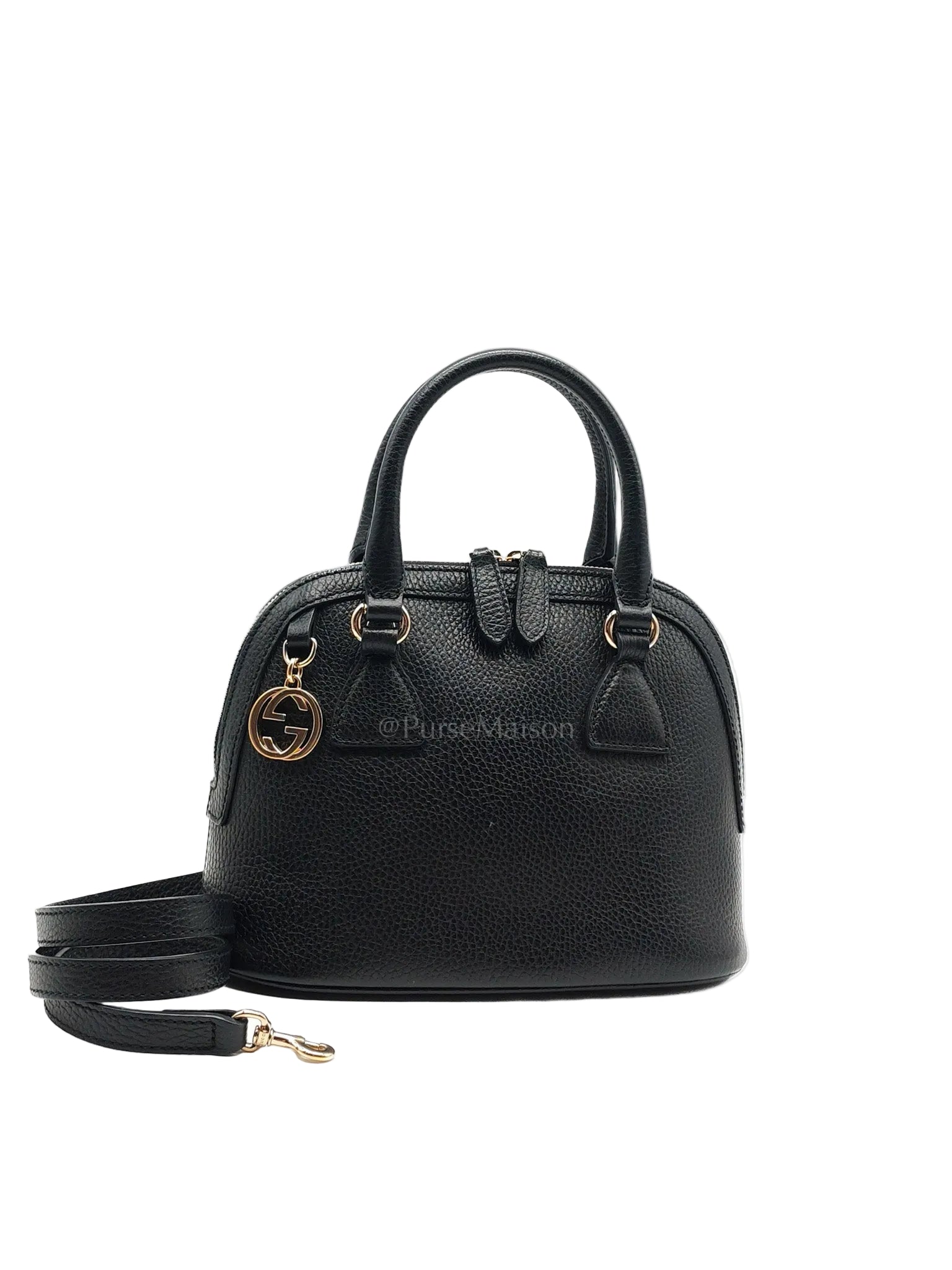 Dome Bag Small in Black GG Charm Satchel Pebbled Leather & Light Gold Hardware