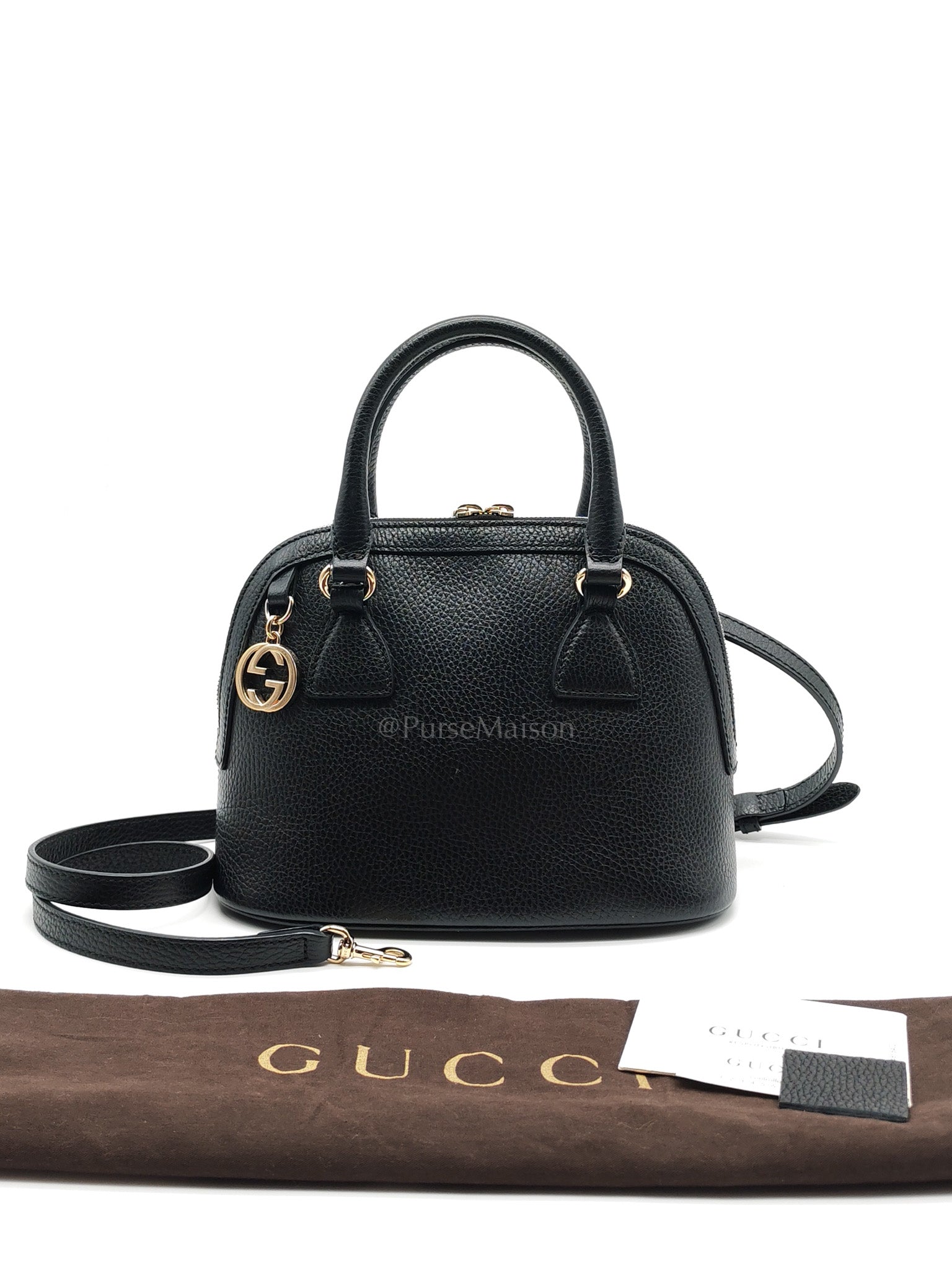 Dome Bag Small in Black GG Charm Satchel Pebbled Leather & Light Gold Hardware