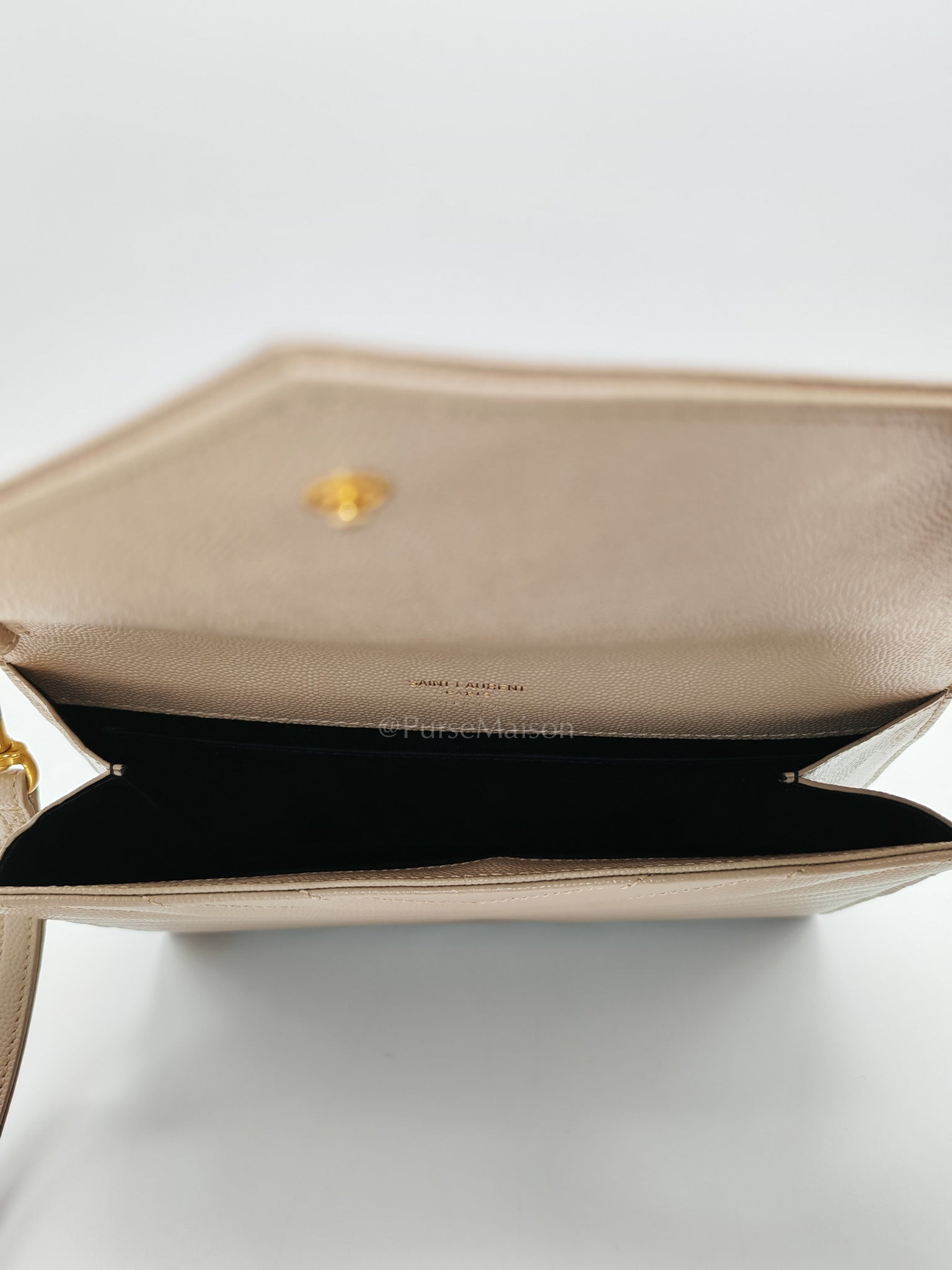 Envelope Clutch Bag in Beige Grain De Poudre Leather & Gold Hardware