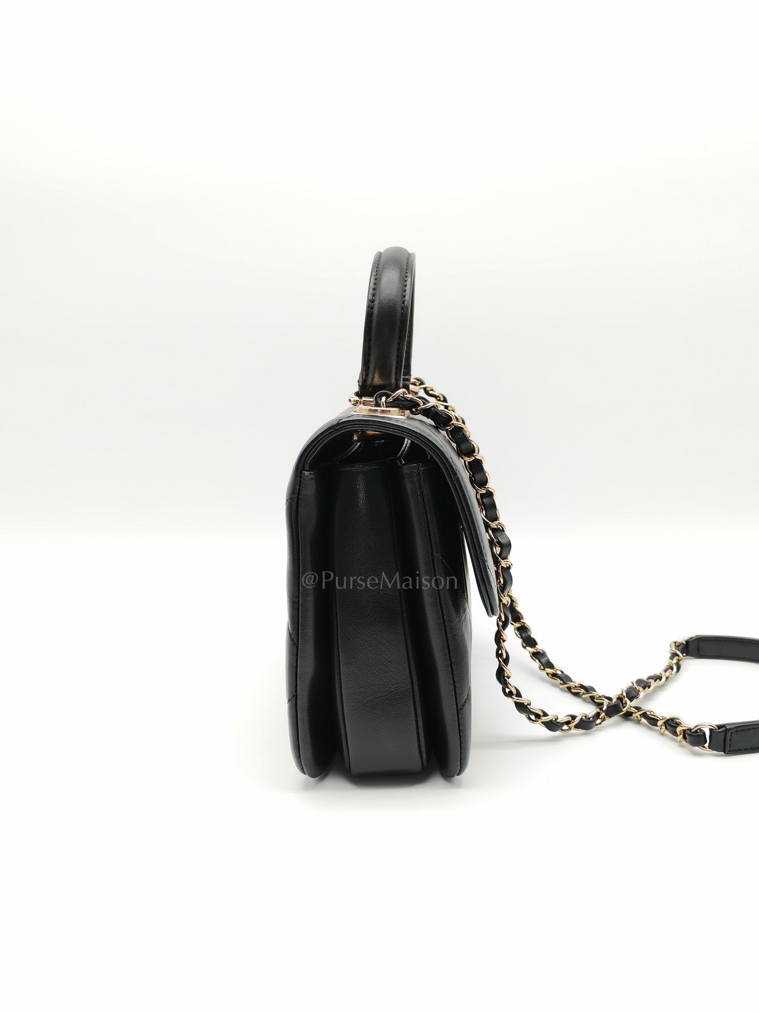 Trendy CC Small Top Handle Bag in Black Quilted Lambskin Leather & Light Gold Hardware Series 28