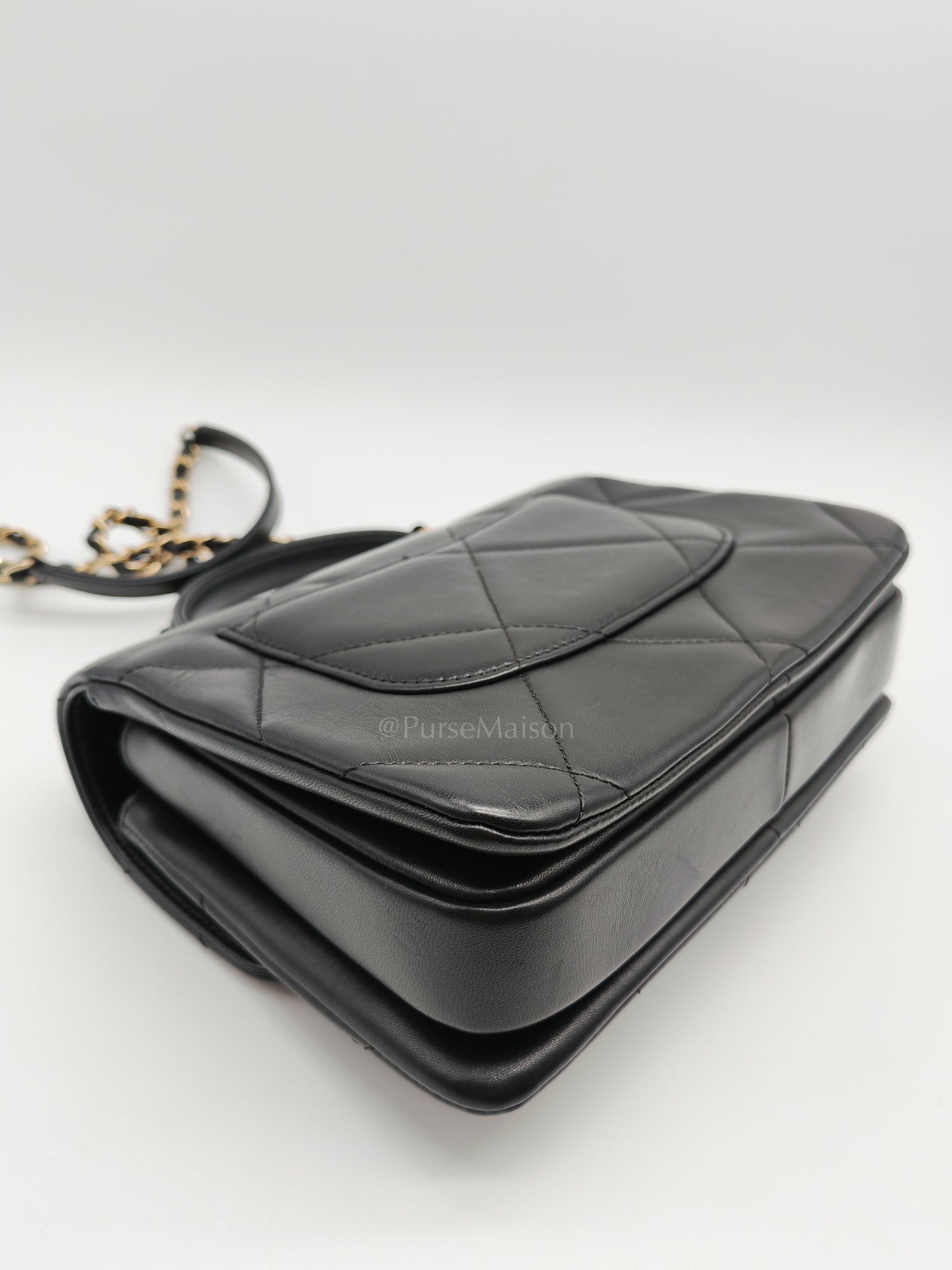 Trendy CC Small Top Handle Bag in Black Quilted Lambskin Leather & Light Gold Hardware Series 28