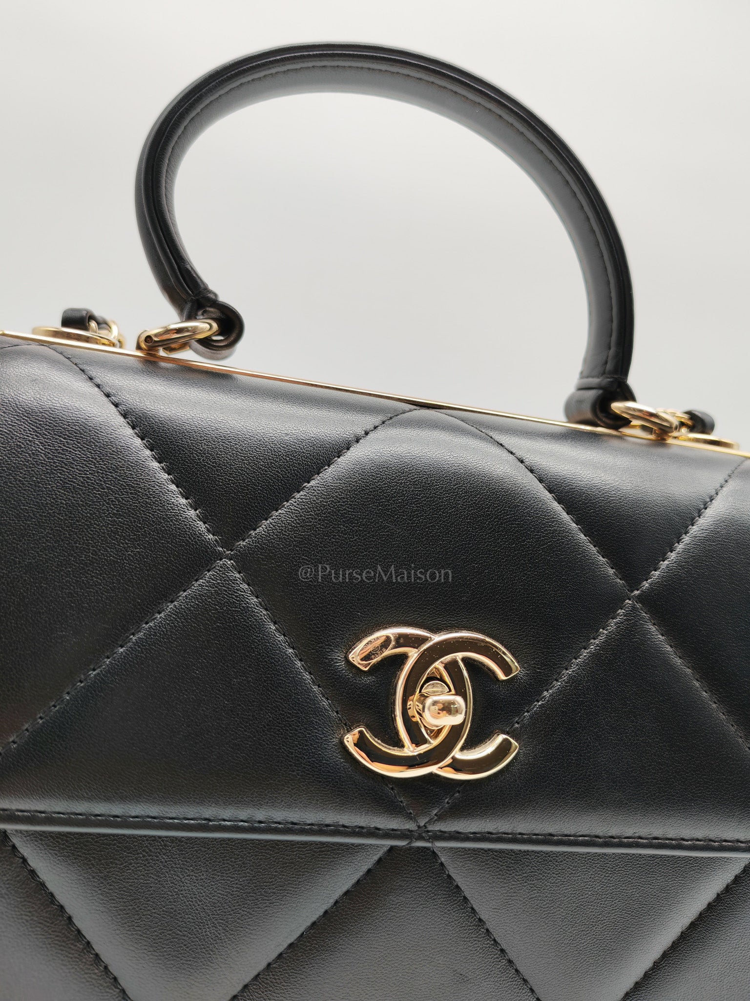 Trendy CC Small Top Handle Bag in Black Quilted Lambskin Leather & Light Gold Hardware Series 28