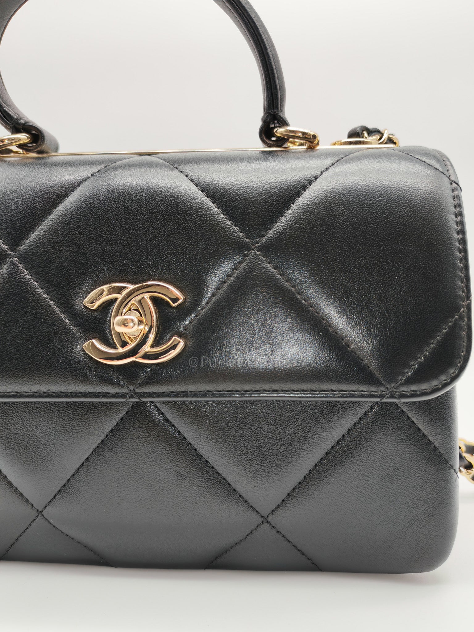 Trendy CC Small Top Handle Bag in Black Quilted Lambskin Leather & Light Gold Hardware Series 28