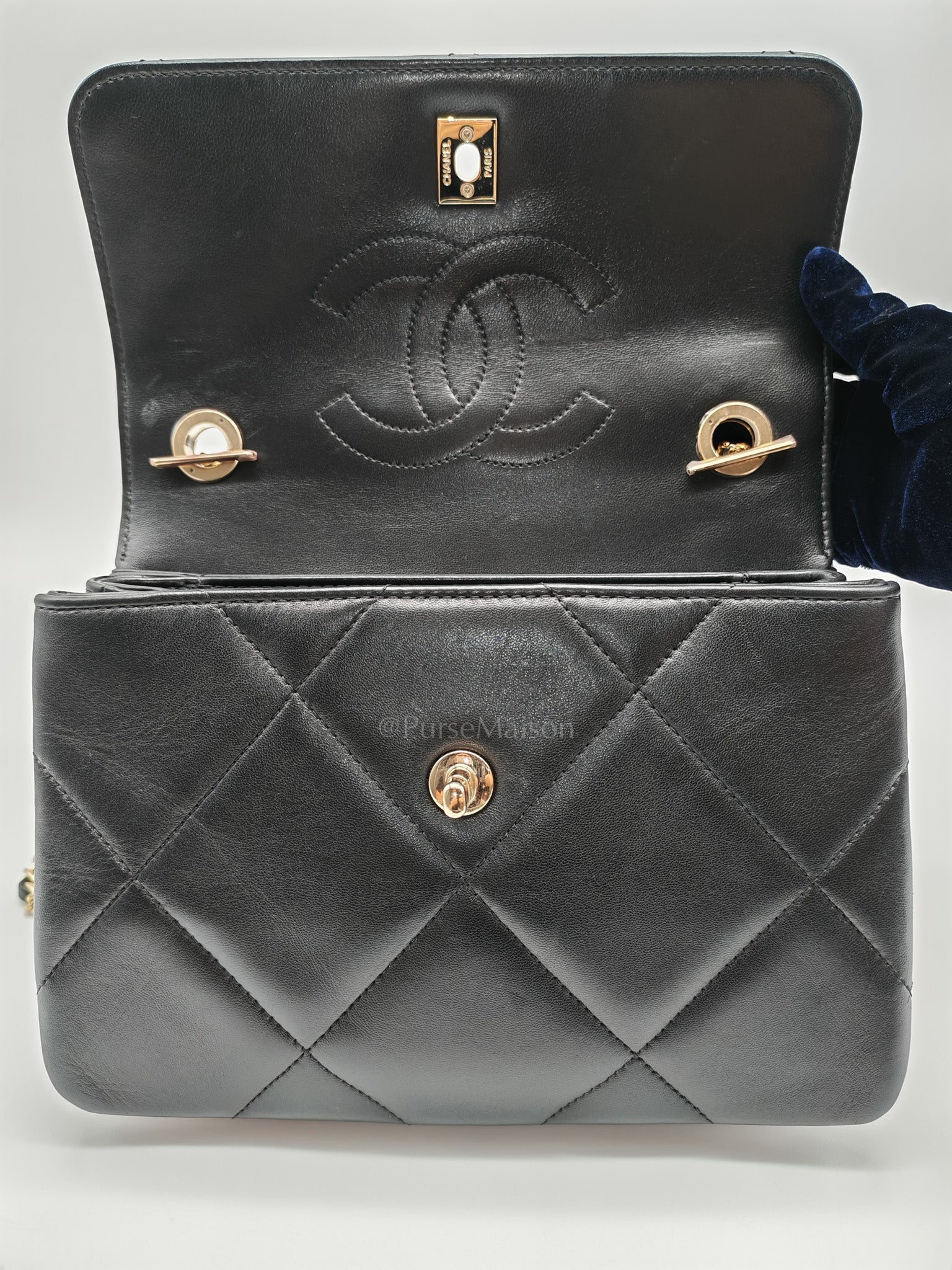Trendy CC Small Top Handle Bag in Black Quilted Lambskin Leather & Light Gold Hardware Series 28