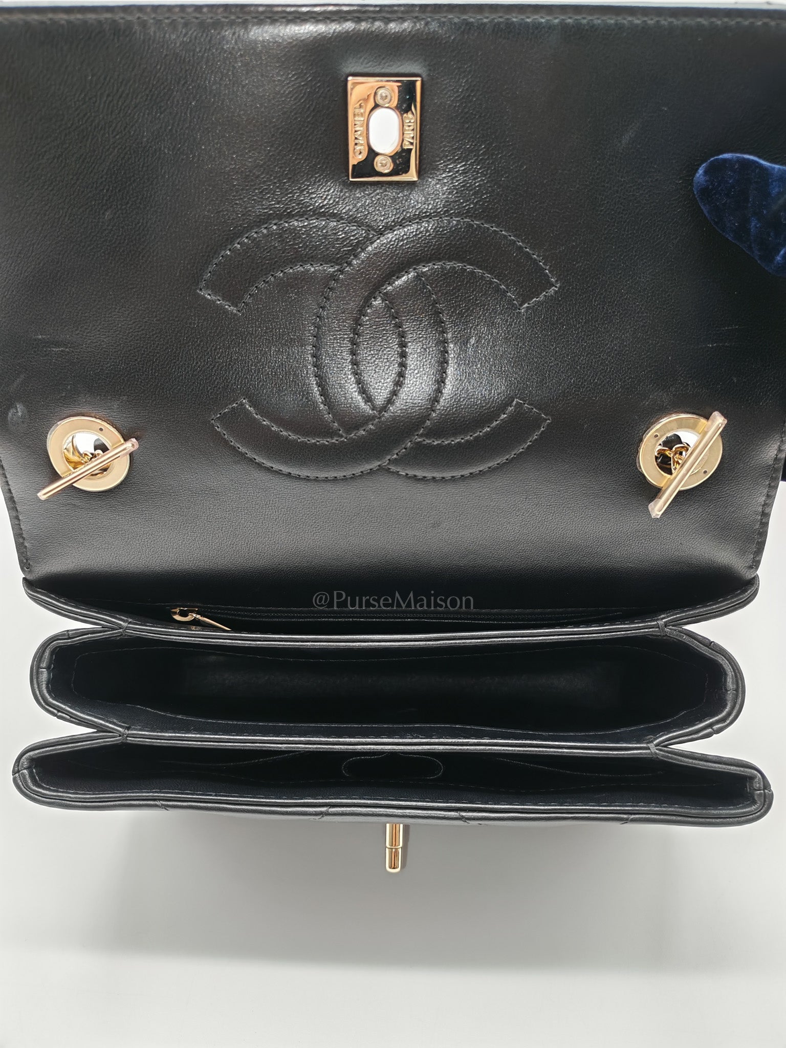 Trendy CC Small Top Handle Bag in Black Quilted Lambskin Leather & Light Gold Hardware Series 28