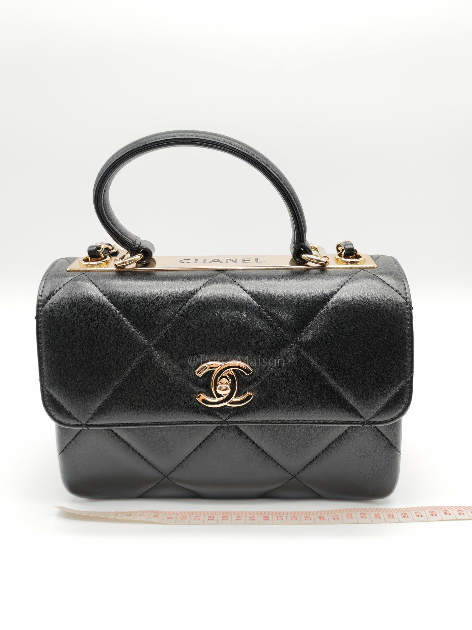 Trendy CC Small Top Handle Bag in Black Quilted Lambskin Leather & Light Gold Hardware Series 28