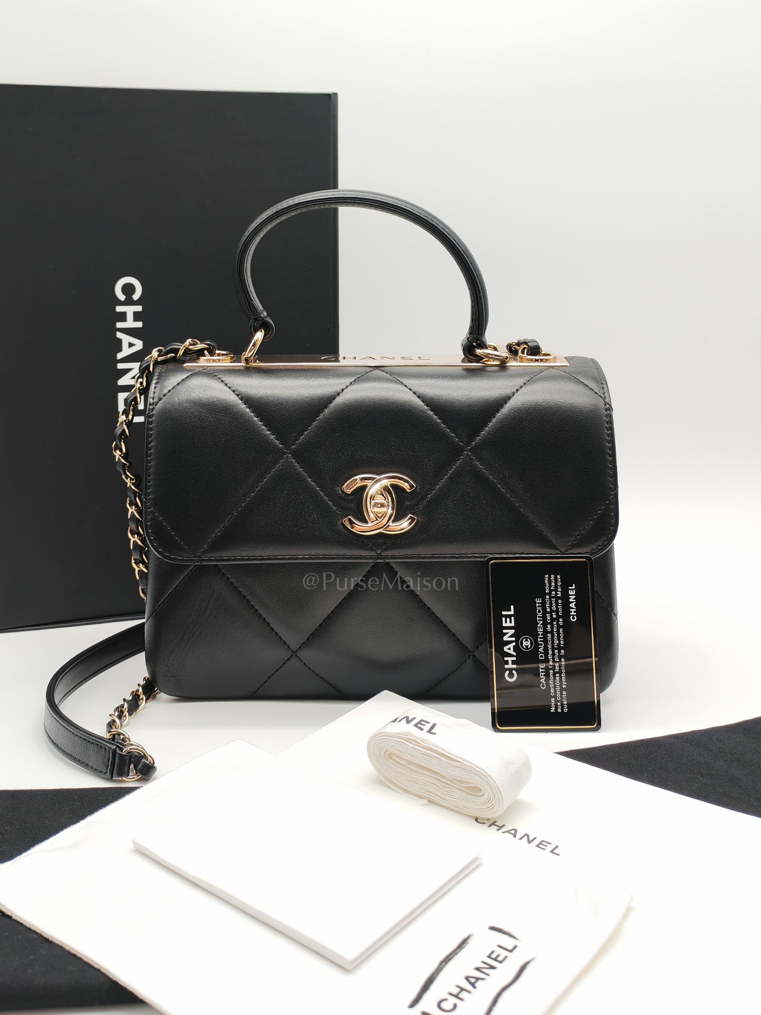 Trendy CC Small Top Handle Bag in Black Quilted Lambskin Leather & Light Gold Hardware Series 28