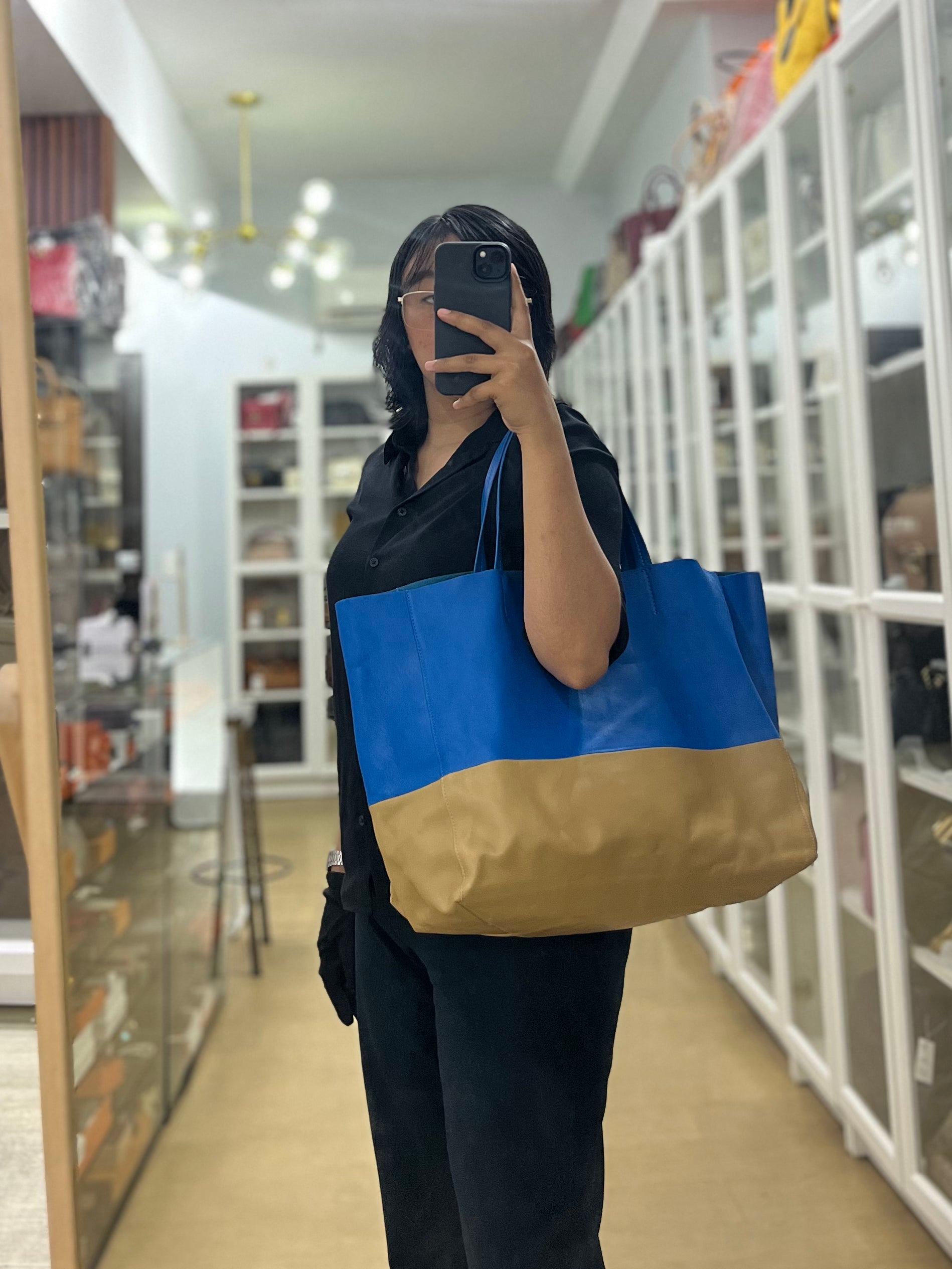 Cabas Tote Bag Large in Camel & Royal Blue Calfskin Leather | Purse Maison Luxury Bags Shop