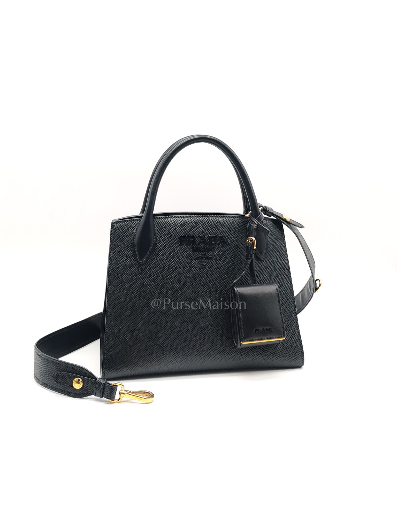 1BA156 Monochrome Bag Small in Black Saffiano Cuir Leater Gold Hardware