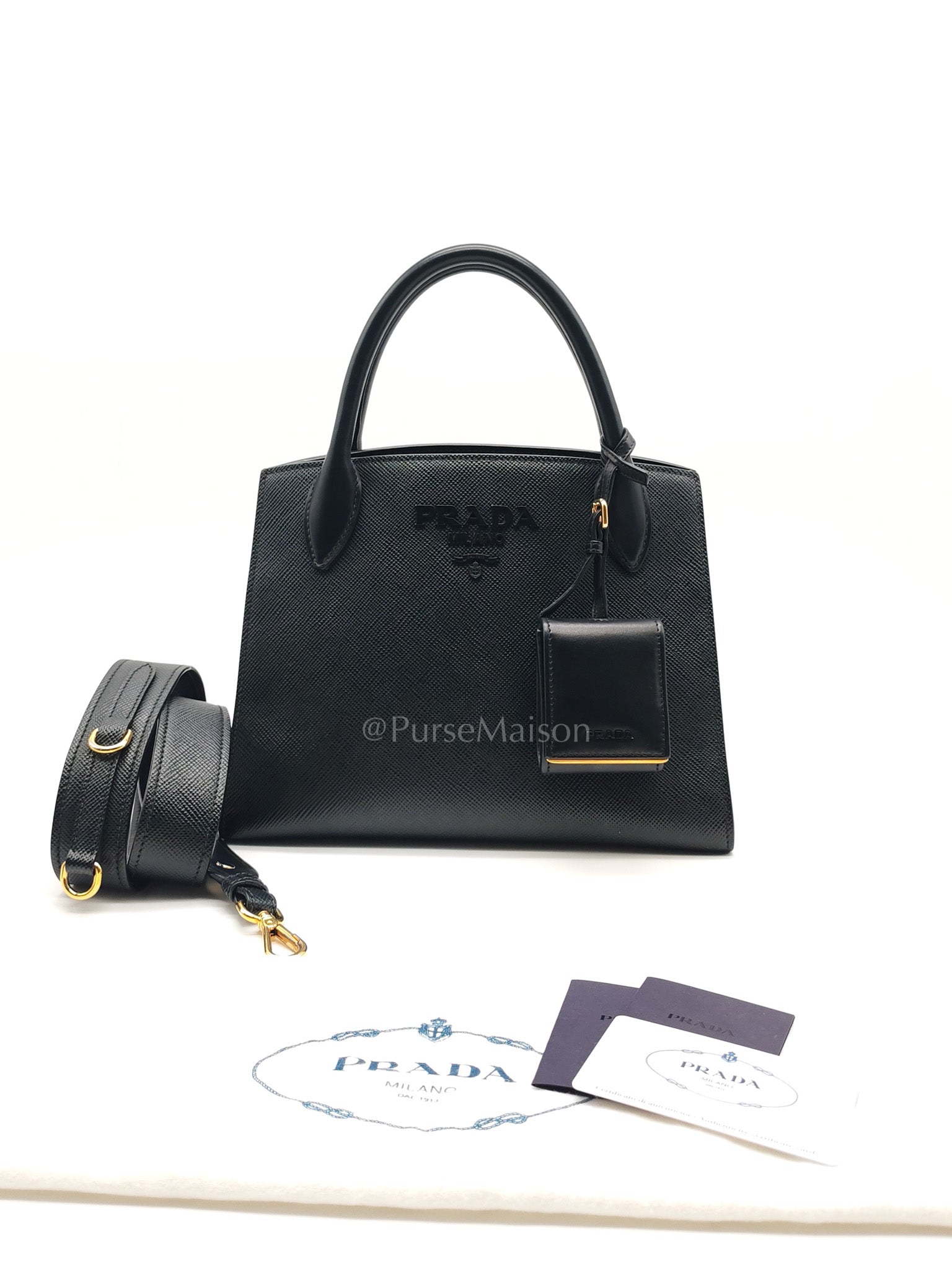 1BA156 Monochrome Bag Small in Black Saffiano Cuir Leater Gold Hardware