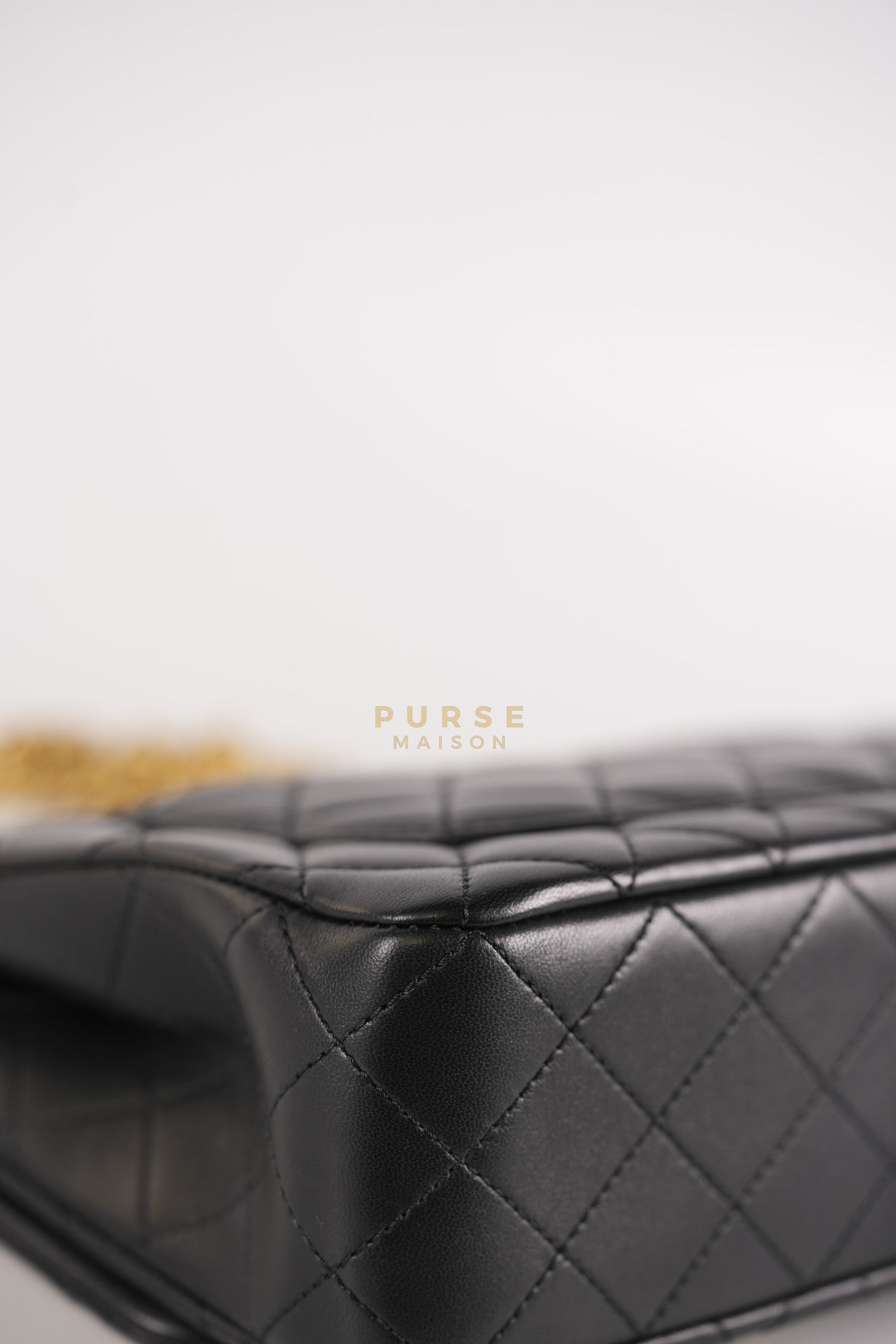 Camellia Crush Flap Medium in Black Lambskin Leather Aged Gold Hardware (Microchip) | Purse Maison Luxury Bags Shop