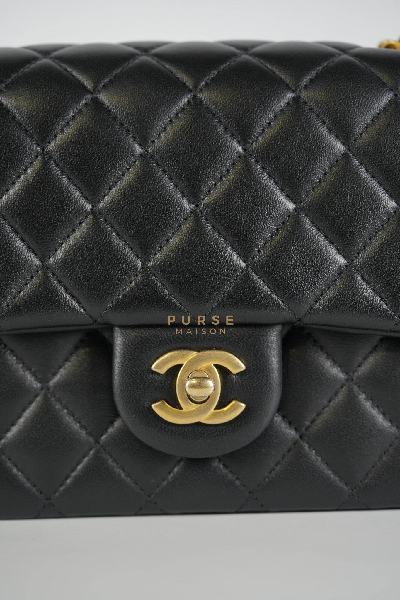 Camellia Crush Flap Medium in Black Lambskin Leather Aged Gold Hardware (Microchip) | Purse Maison Luxury Bags Shop