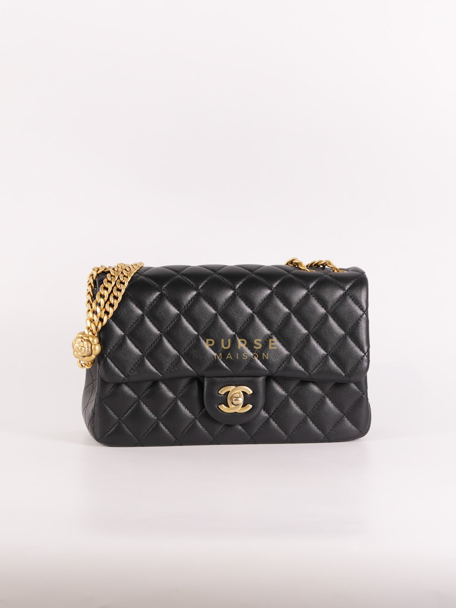 Camellia Crush Flap Medium in Black Lambskin Leather Aged Gold Hardware (Microchip) | Purse Maison Luxury Bags Shop