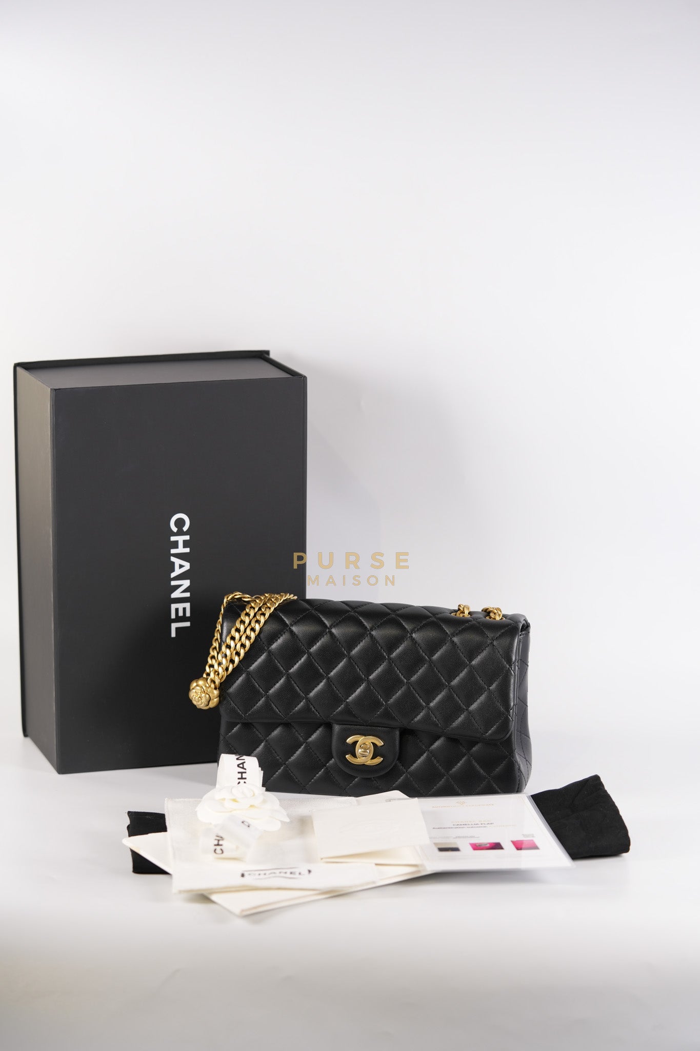 Camellia Crush Flap Medium in Black Lambskin Leather Aged Gold Hardware (Microchip) | Purse Maison Luxury Bags Shop