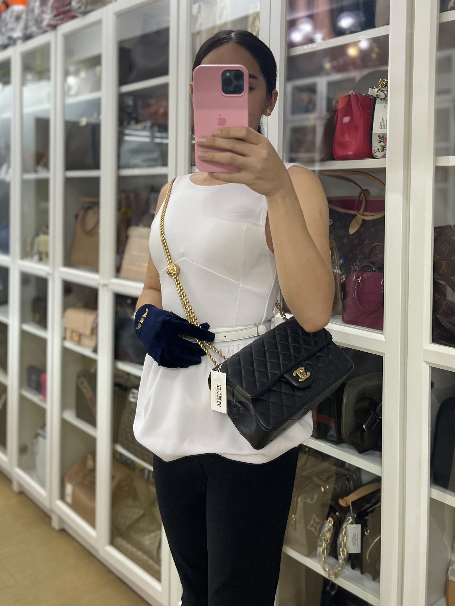 Camellia Crush Flap Medium in Black Lambskin Leather Aged Gold Hardware (Microchip) | Purse Maison Luxury Bags Shop