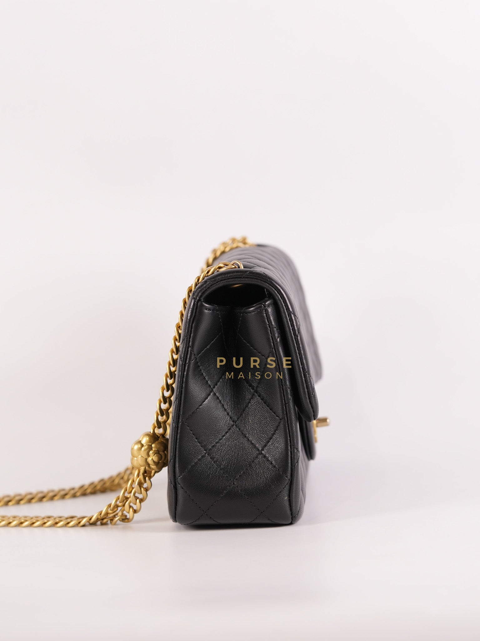 Camellia Crush Flap Medium in Black Lambskin Leather Aged Gold Hardware (Microchip) | Purse Maison Luxury Bags Shop