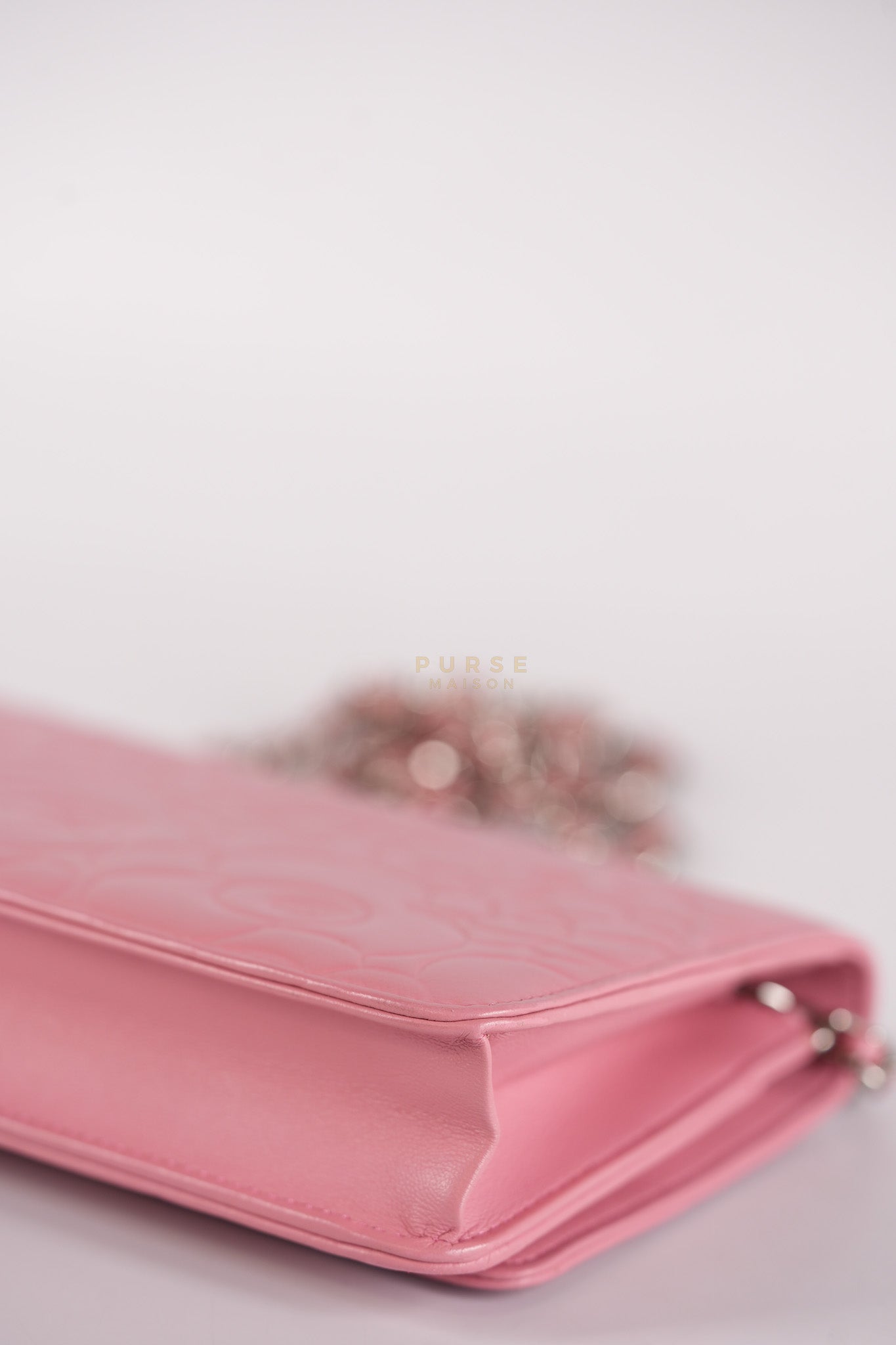 Camellia Embossed Wallet On Chain (WOC) in Pink Lambskin Leather and Silver Hardware Series 16 | Purse Maison Luxury Bags Shop