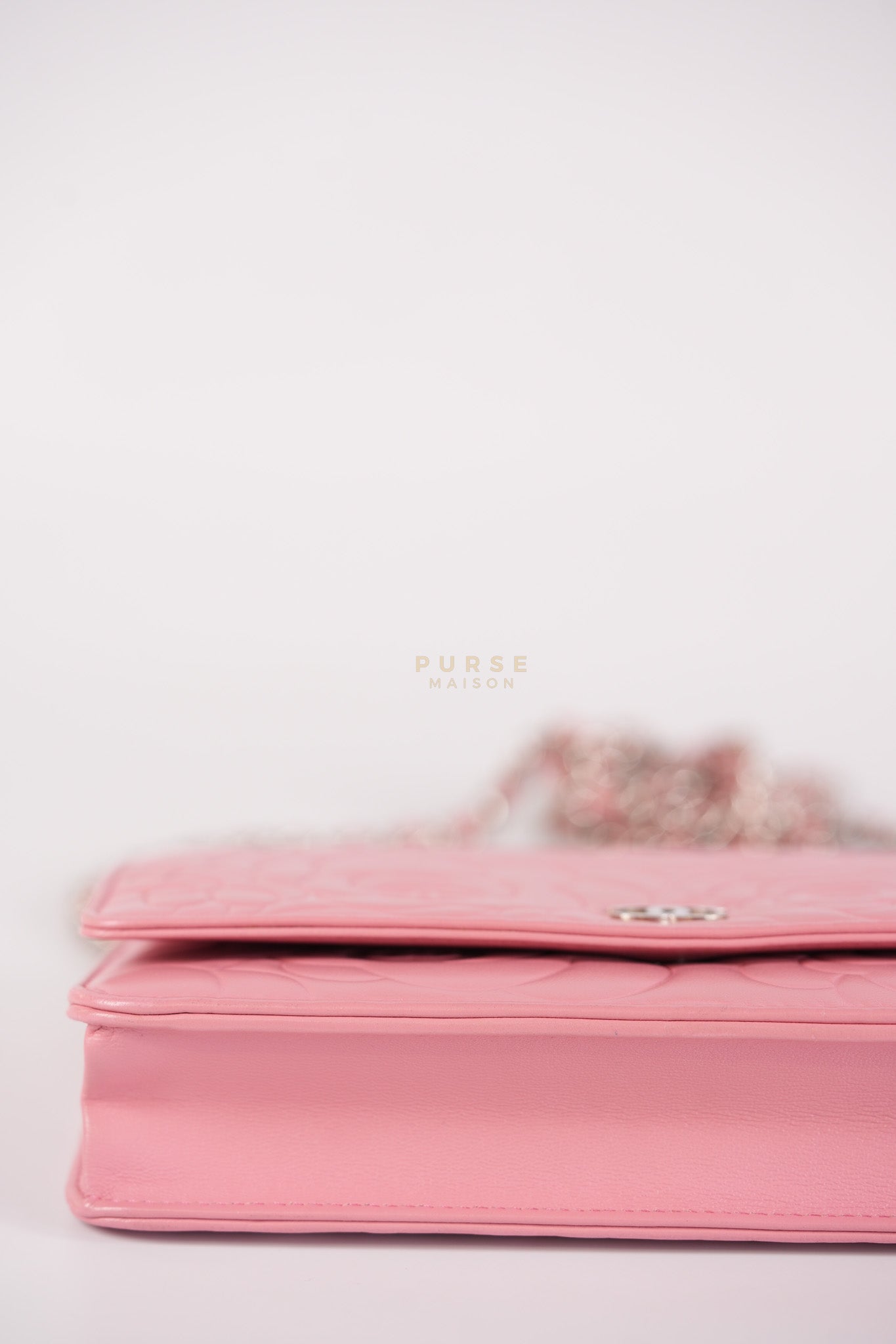 Camellia Embossed Wallet On Chain (WOC) in Pink Lambskin Leather and Silver Hardware Series 16 | Purse Maison Luxury Bags Shop