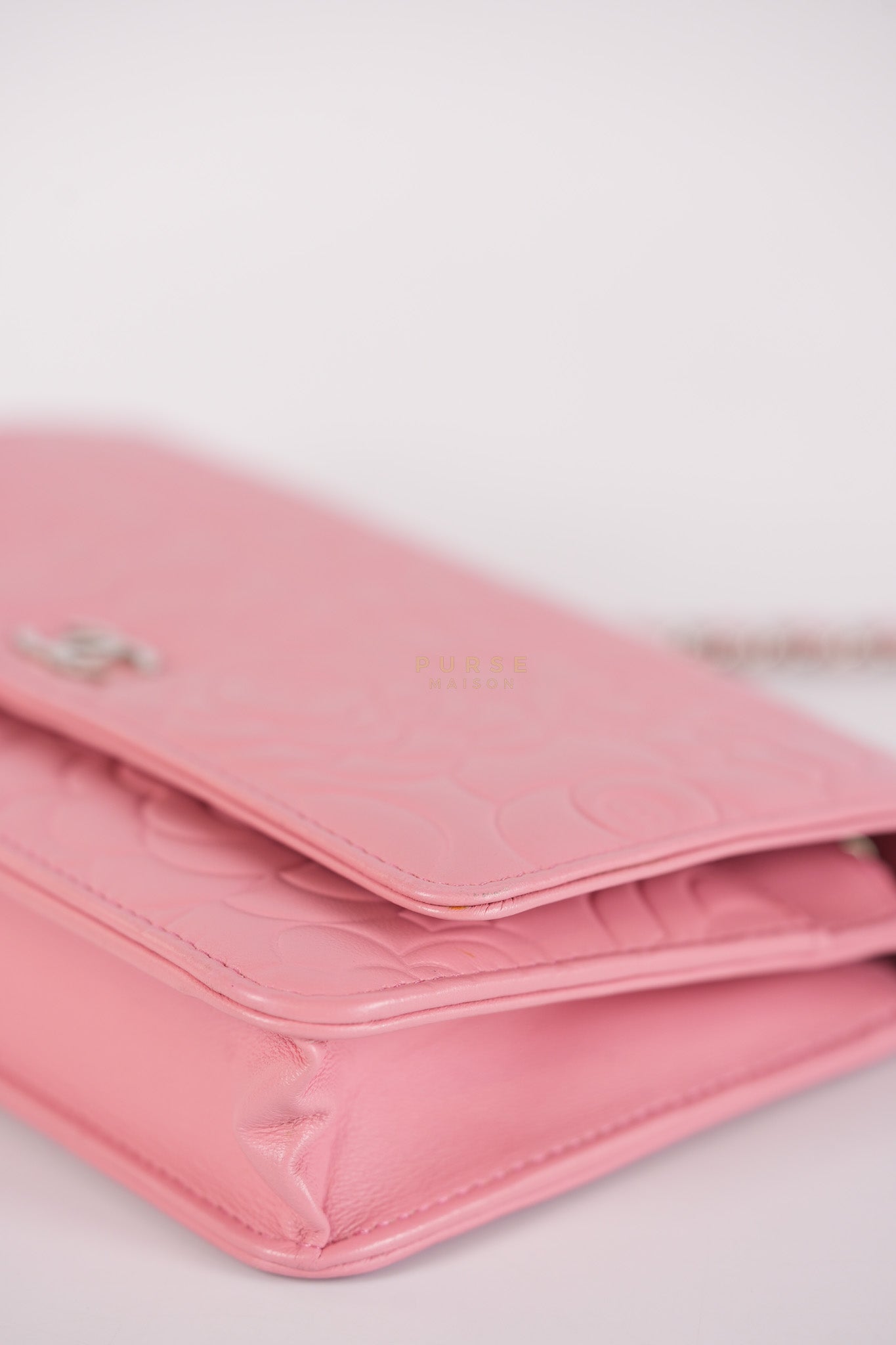 Camellia Embossed Wallet On Chain (WOC) in Pink Lambskin Leather and Silver Hardware Series 16 | Purse Maison Luxury Bags Shop