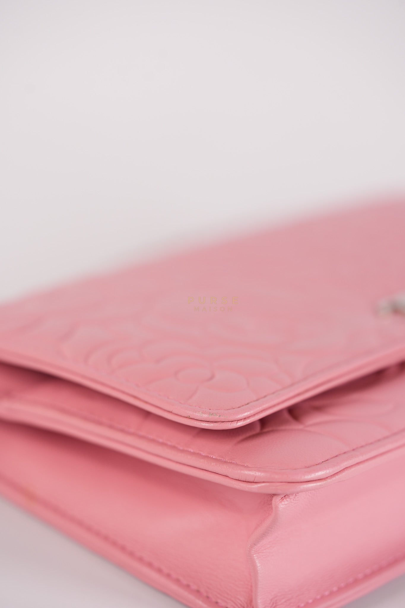 Camellia Embossed Wallet On Chain (WOC) in Pink Lambskin Leather and Silver Hardware Series 16 | Purse Maison Luxury Bags Shop