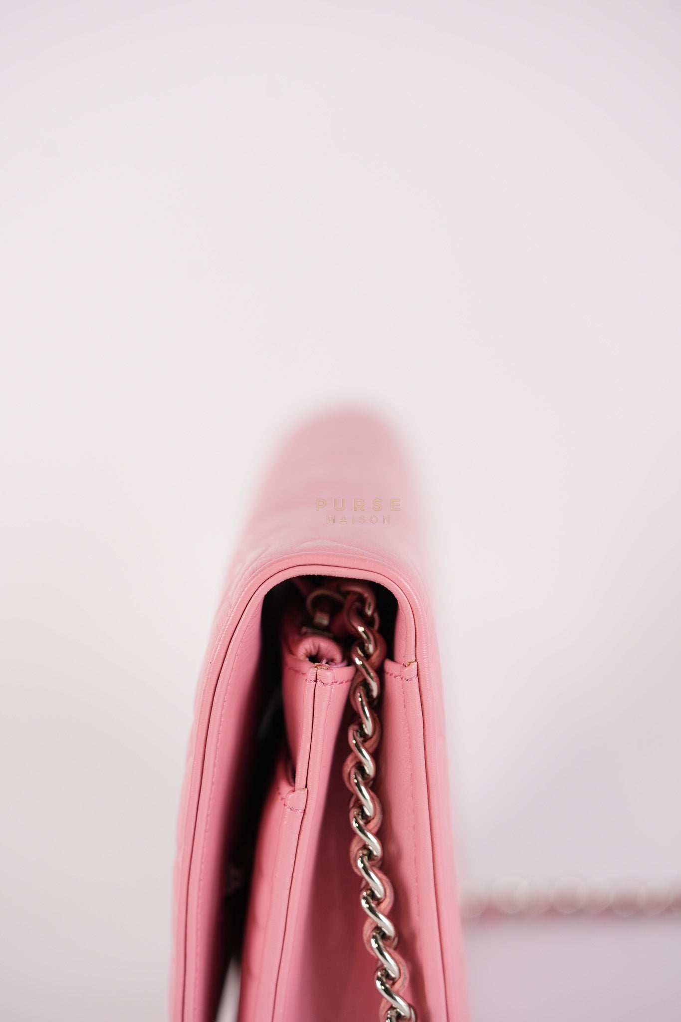 Camellia Embossed Wallet On Chain (WOC) in Pink Lambskin Leather and Silver Hardware Series 16 | Purse Maison Luxury Bags Shop