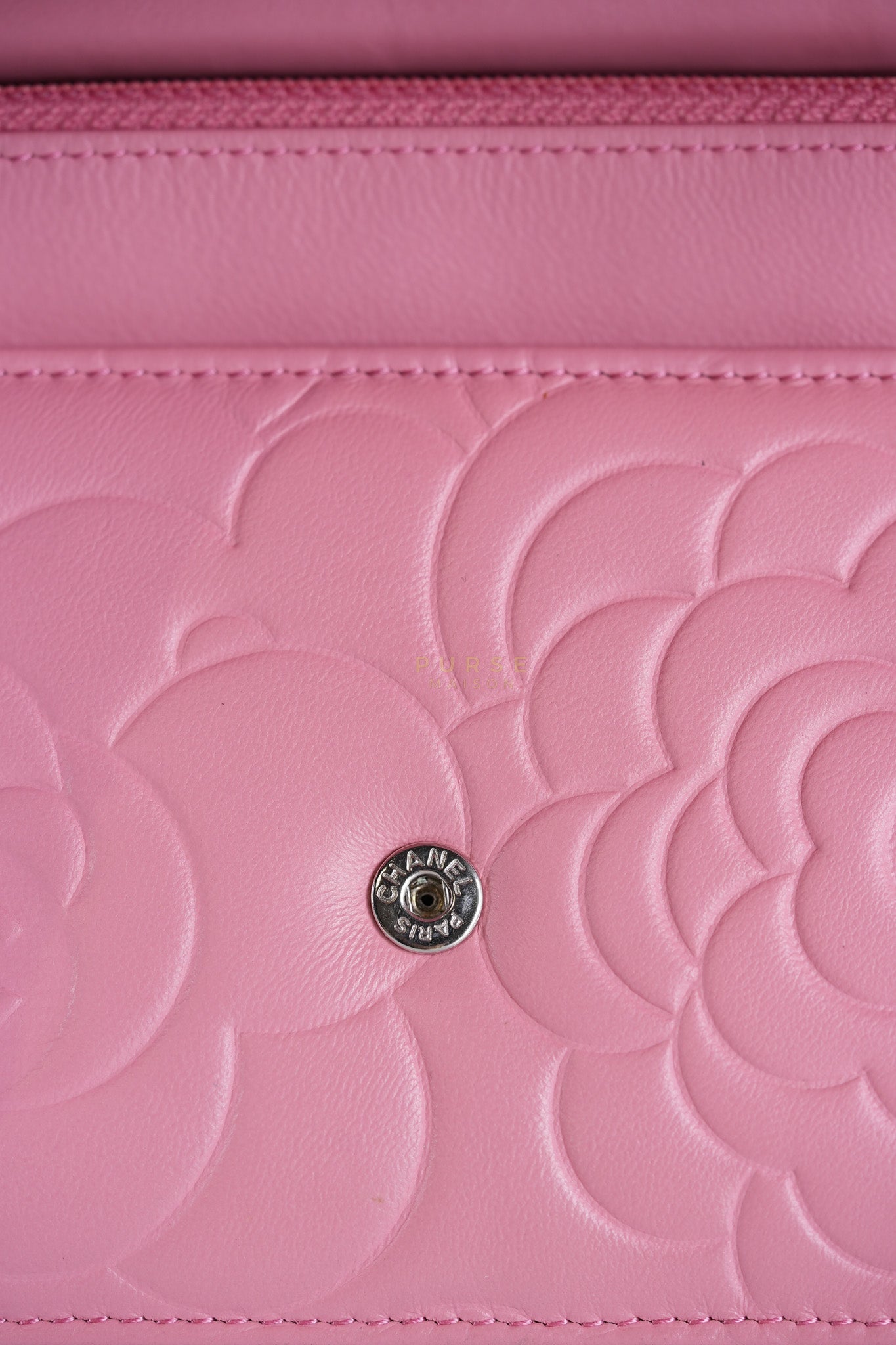 Camellia Embossed Wallet On Chain (WOC) in Pink Lambskin Leather and Silver Hardware Series 16 | Purse Maison Luxury Bags Shop