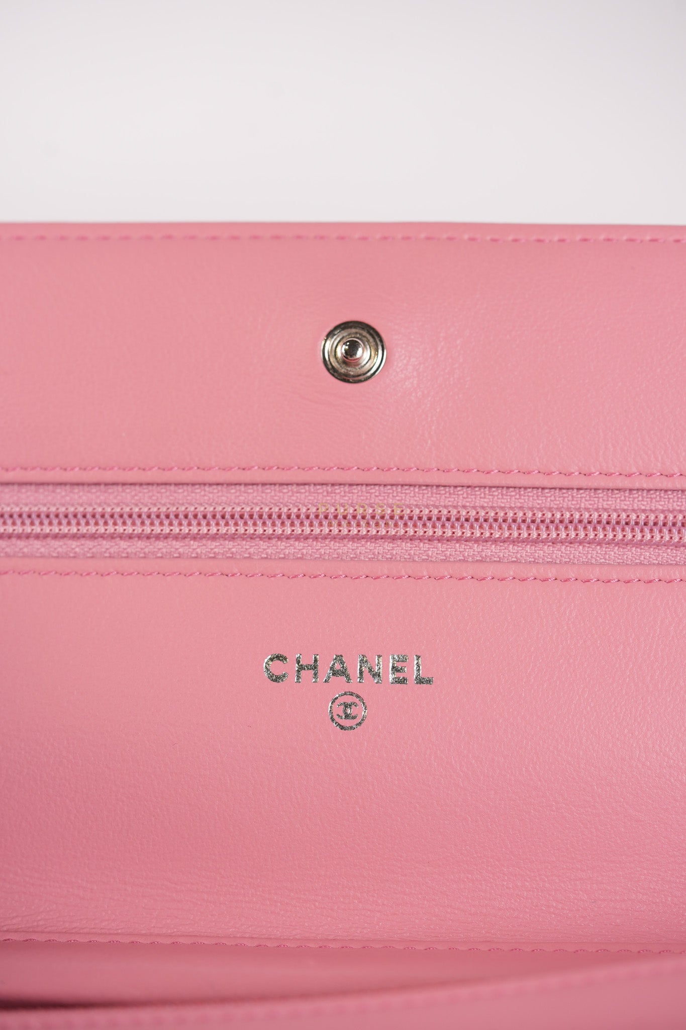 Camellia Embossed Wallet On Chain (WOC) in Pink Lambskin Leather and Silver Hardware Series 16 | Purse Maison Luxury Bags Shop