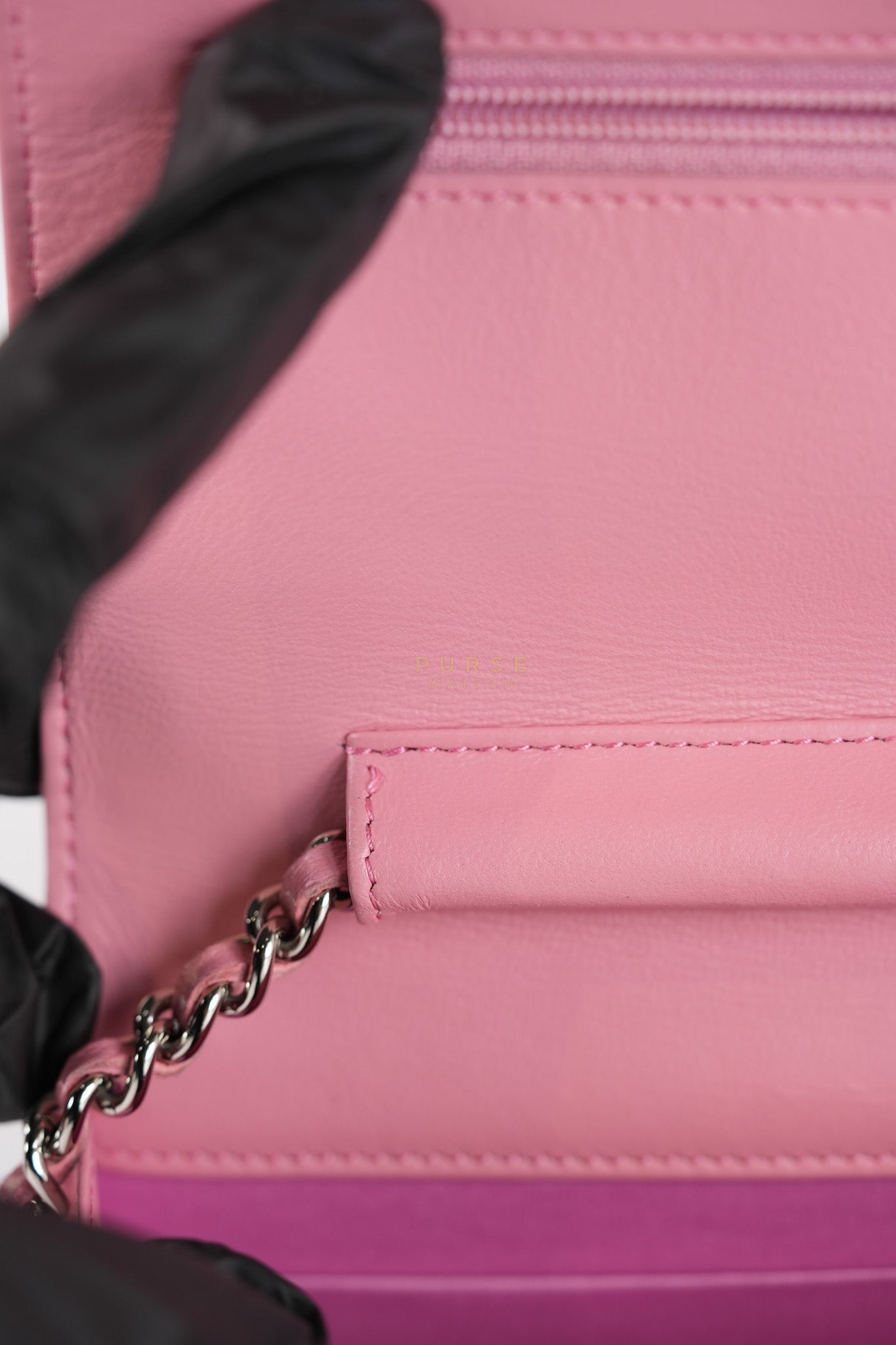 Camellia Embossed Wallet On Chain (WOC) in Pink Lambskin Leather and Silver Hardware Series 16 | Purse Maison Luxury Bags Shop