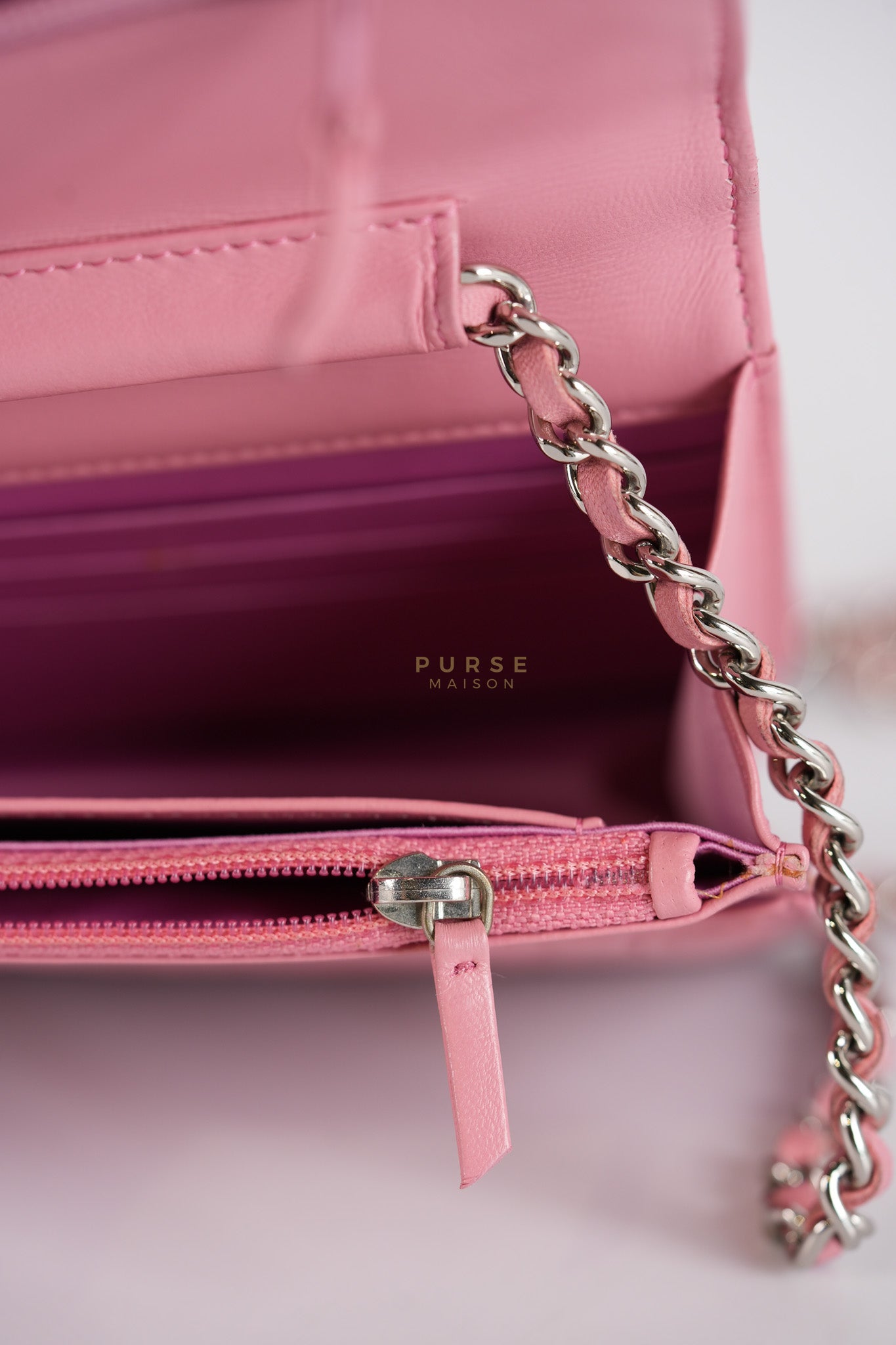 Camellia Embossed Wallet On Chain (WOC) in Pink Lambskin Leather and Silver Hardware Series 16 | Purse Maison Luxury Bags Shop