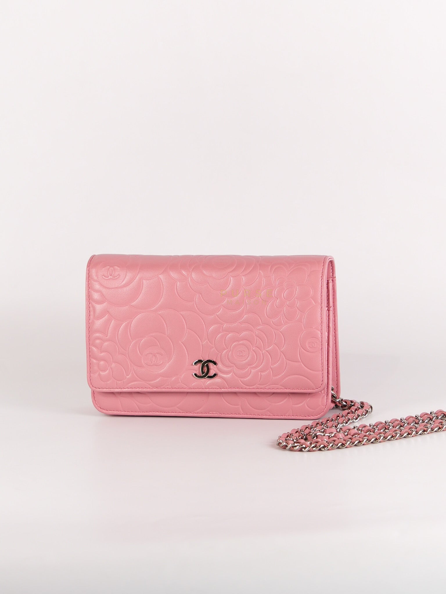 Camellia Embossed Wallet On Chain (WOC) in Pink Lambskin Leather and Silver Hardware Series 16 | Purse Maison Luxury Bags Shop
