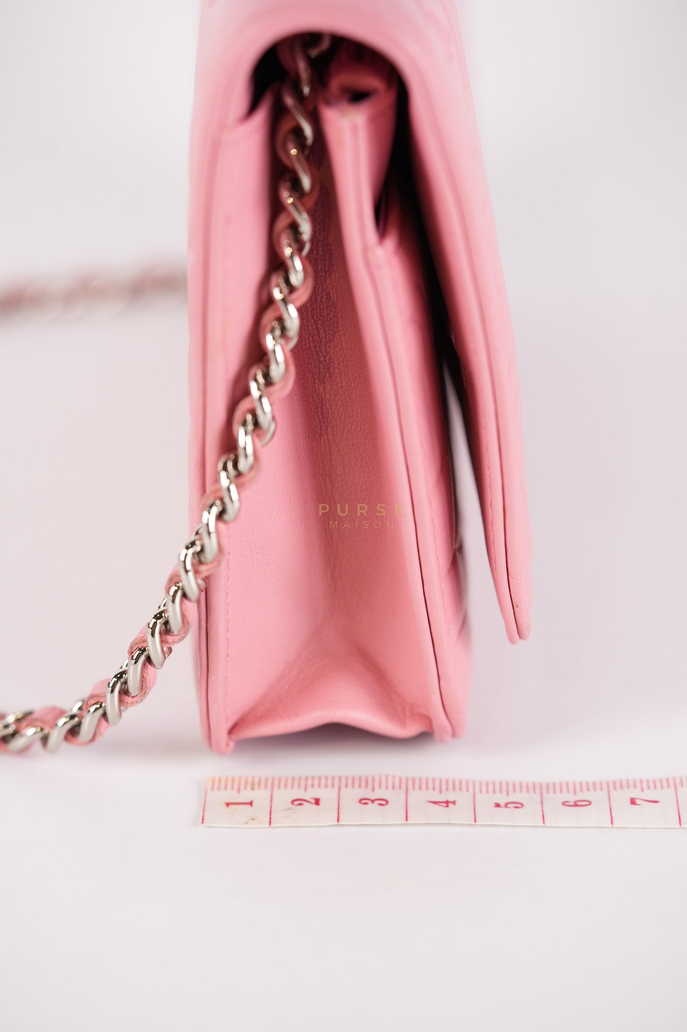 Camellia Embossed Wallet On Chain (WOC) in Pink Lambskin Leather and Silver Hardware Series 16 | Purse Maison Luxury Bags Shop