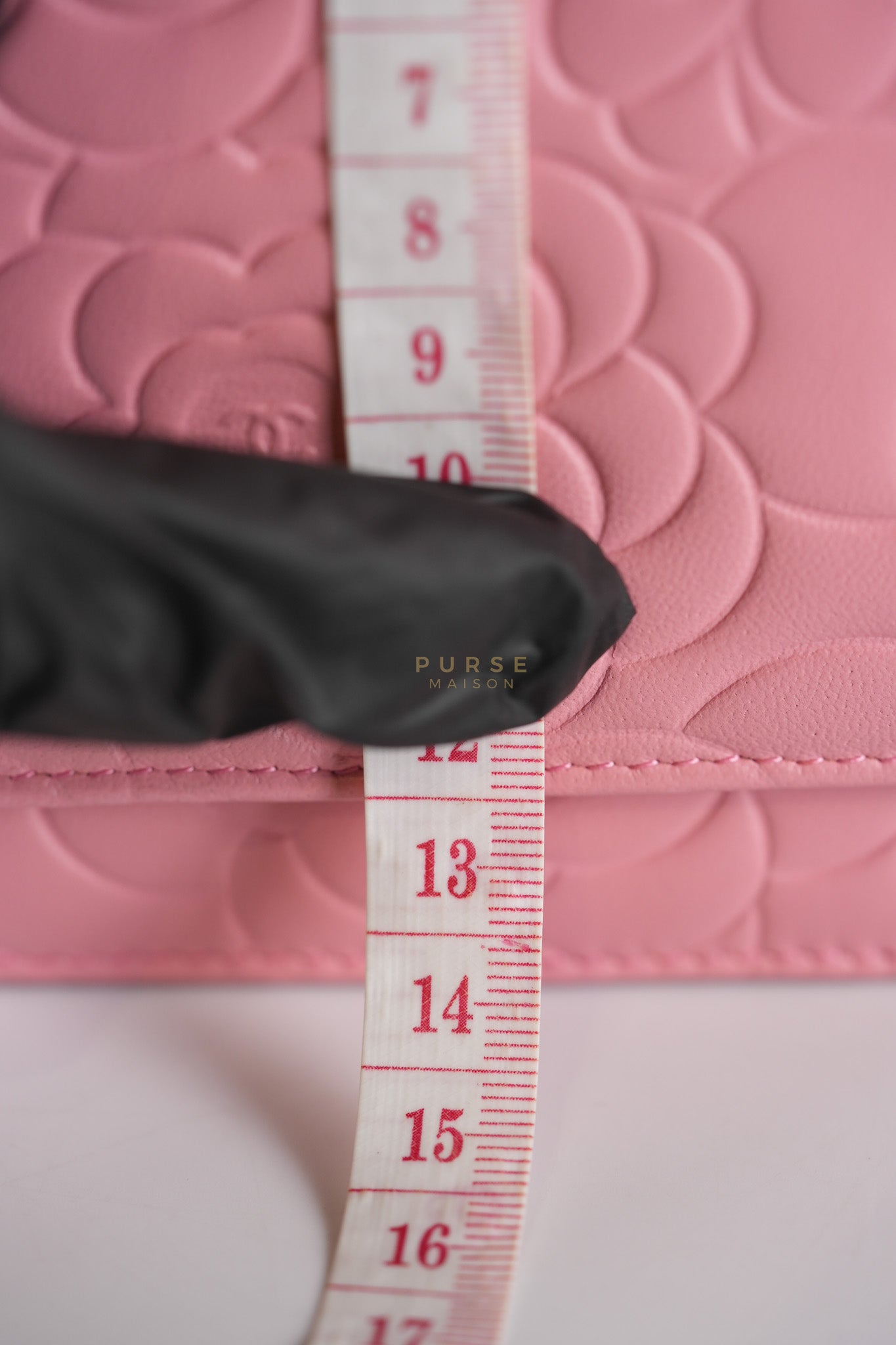 Camellia Embossed Wallet On Chain (WOC) in Pink Lambskin Leather and Silver Hardware Series 16 | Purse Maison Luxury Bags Shop