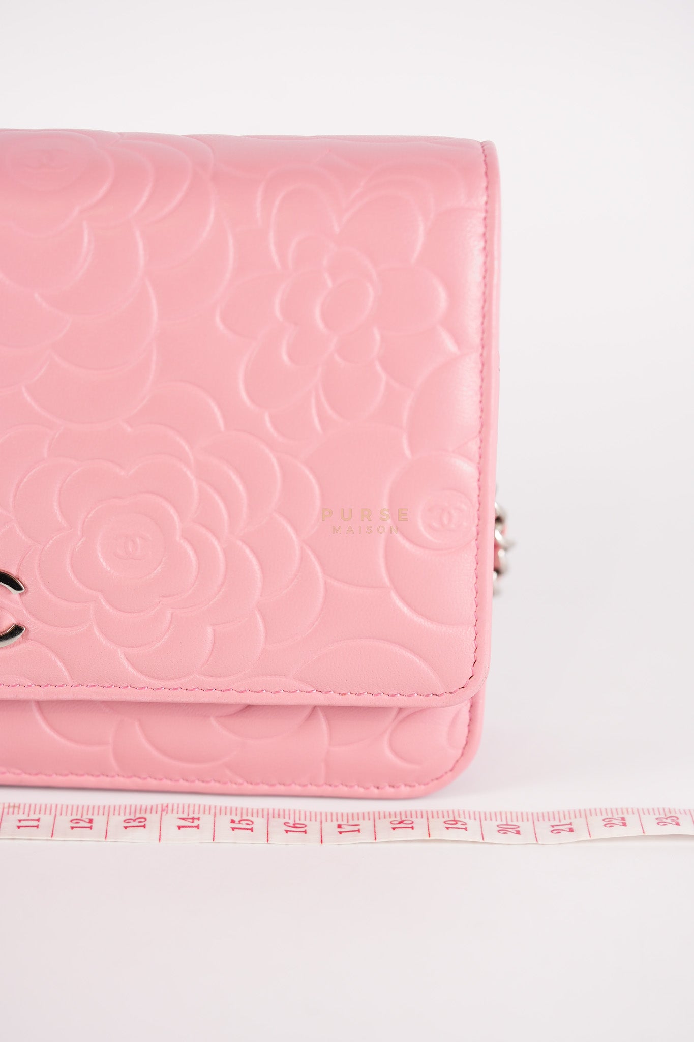 Camellia Embossed Wallet On Chain (WOC) in Pink Lambskin Leather and Silver Hardware Series 16 | Purse Maison Luxury Bags Shop