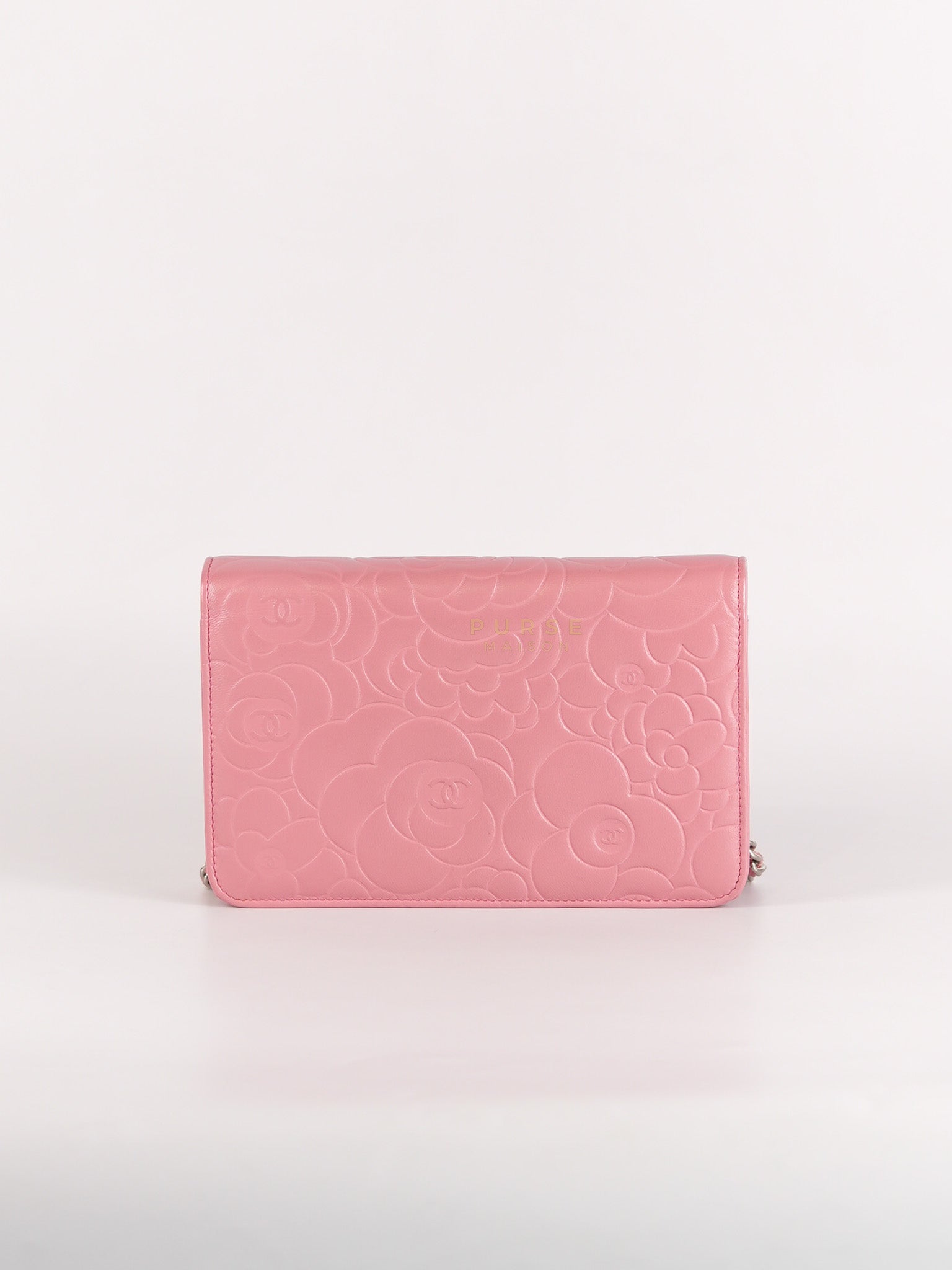 Camellia Embossed Wallet On Chain (WOC) in Pink Lambskin Leather and Silver Hardware Series 16 | Purse Maison Luxury Bags Shop