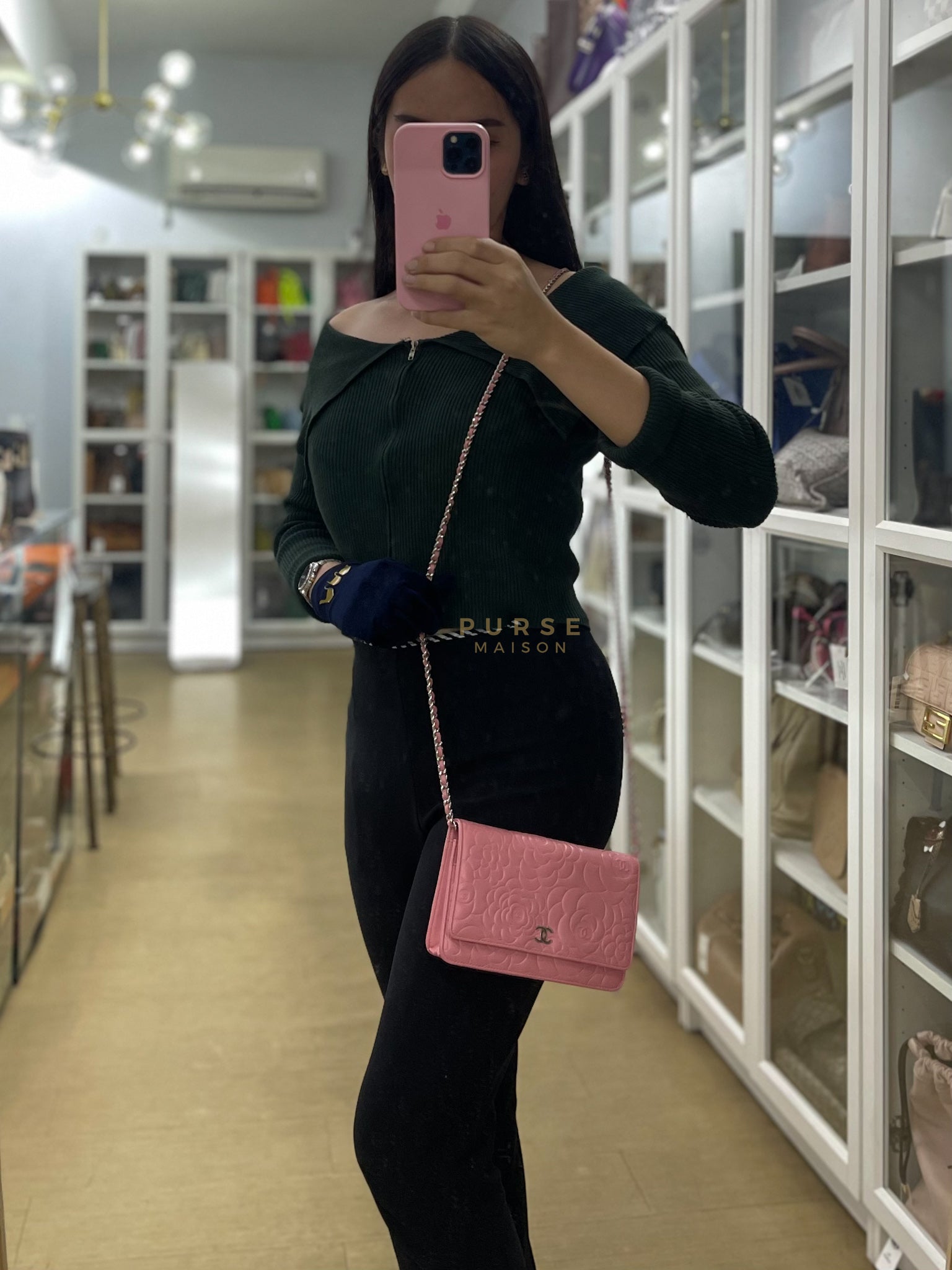 Camellia Embossed Wallet On Chain (WOC) in Pink Lambskin Leather and Silver Hardware Series 16 | Purse Maison Luxury Bags Shop