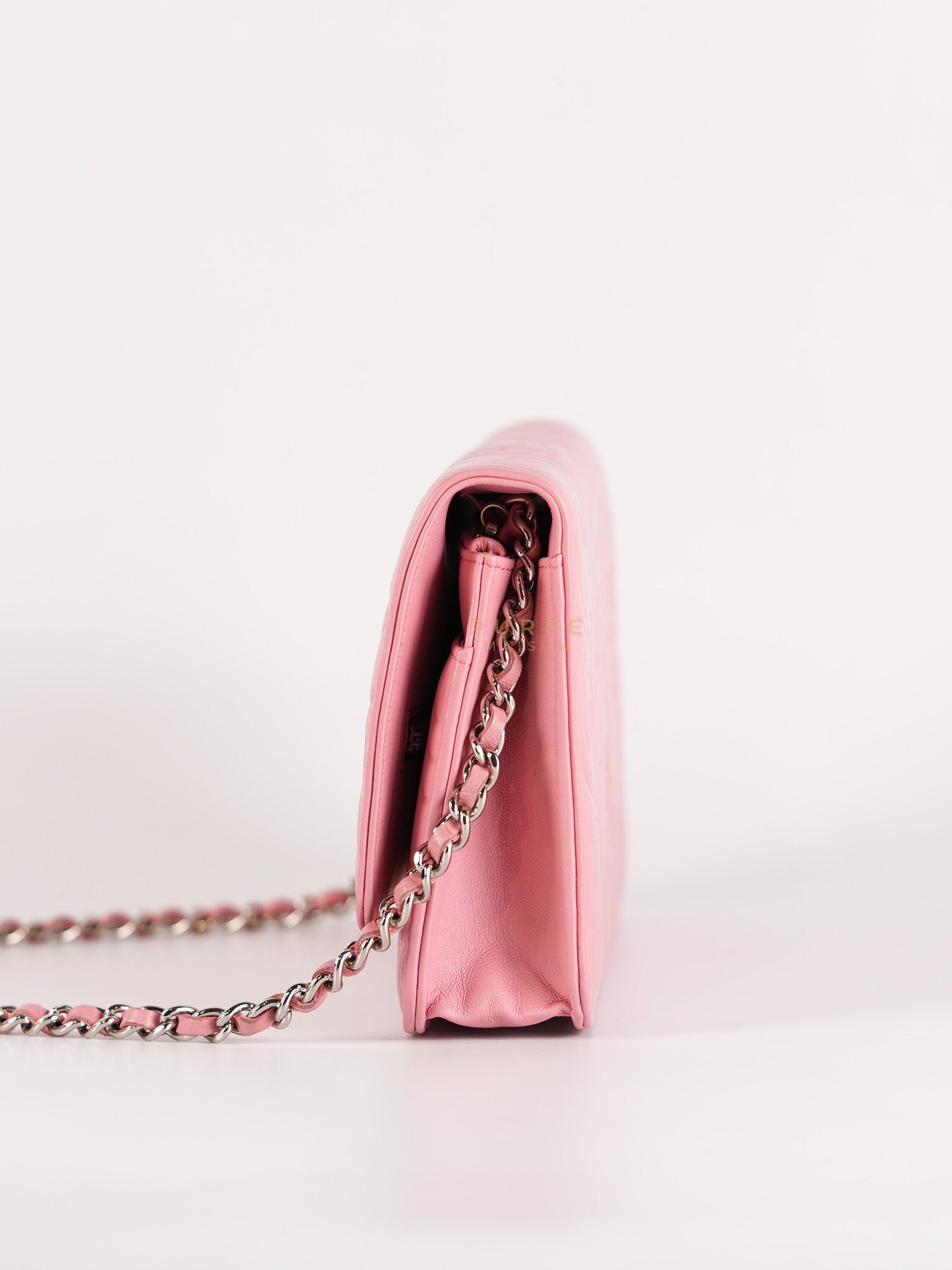 Camellia Embossed Wallet On Chain (WOC) in Pink Lambskin Leather and Silver Hardware Series 16 | Purse Maison Luxury Bags Shop