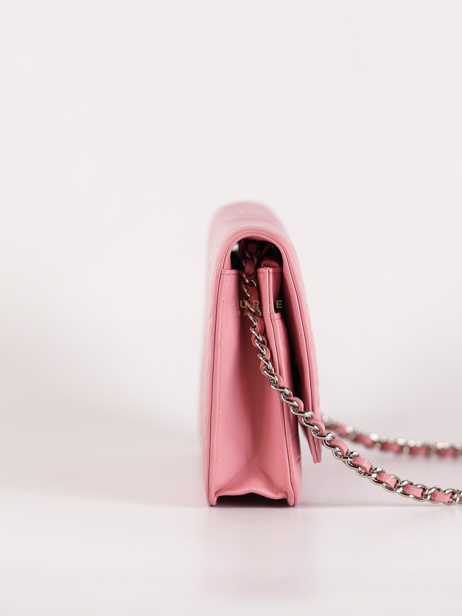 Camellia Embossed Wallet On Chain (WOC) in Pink Lambskin Leather and Silver Hardware Series 16 | Purse Maison Luxury Bags Shop