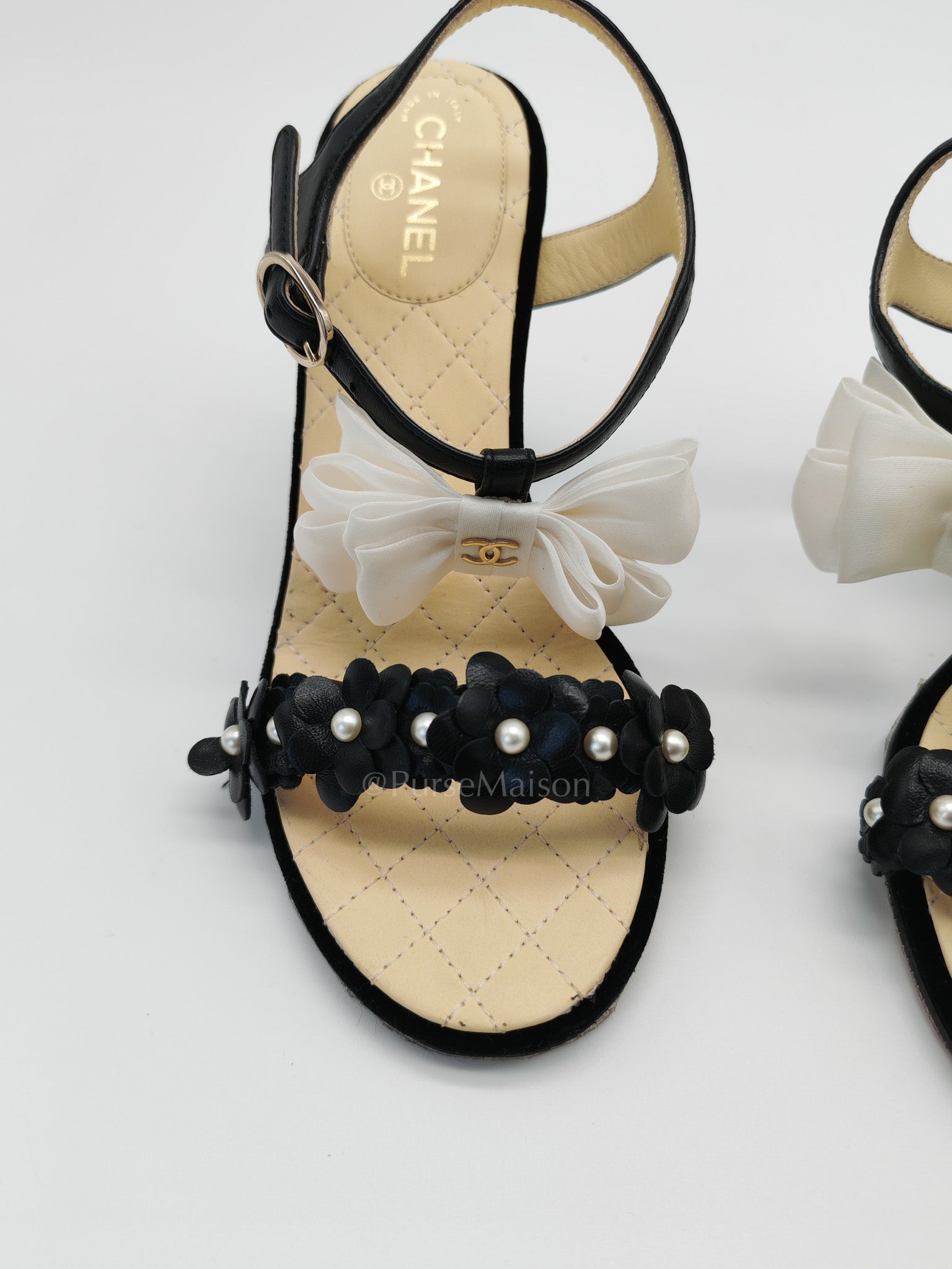 Camellia Pearl Embellished CC Bow Ankle Strap Lambskin Leather Sandals Size 34.5EU (21.5CM) | Purse Maison Luxury Bags Shop