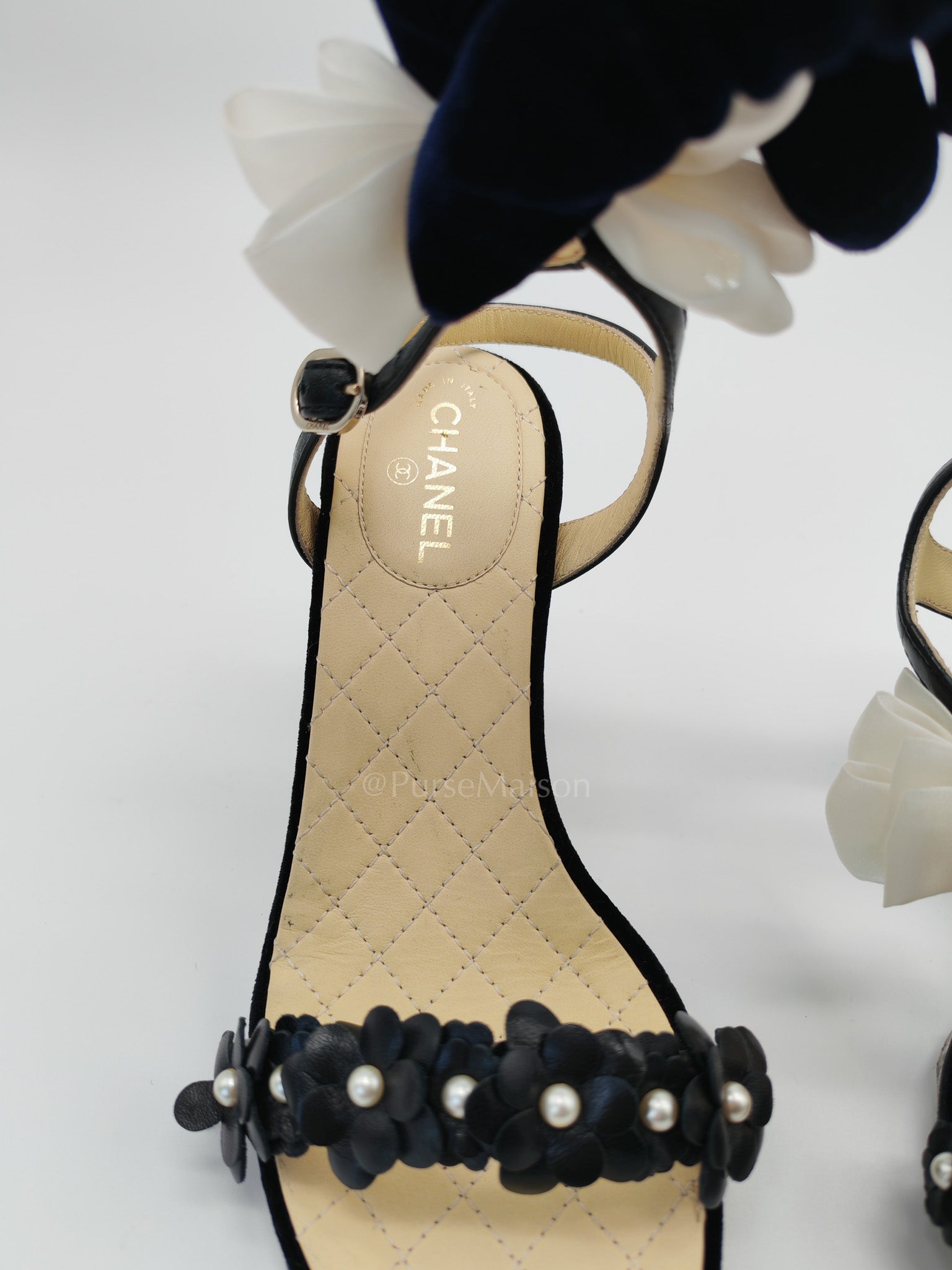 Camellia Pearl Embellished CC Bow Ankle Strap Lambskin Leather Sandals Size 34.5EU (21.5CM) | Purse Maison Luxury Bags Shop