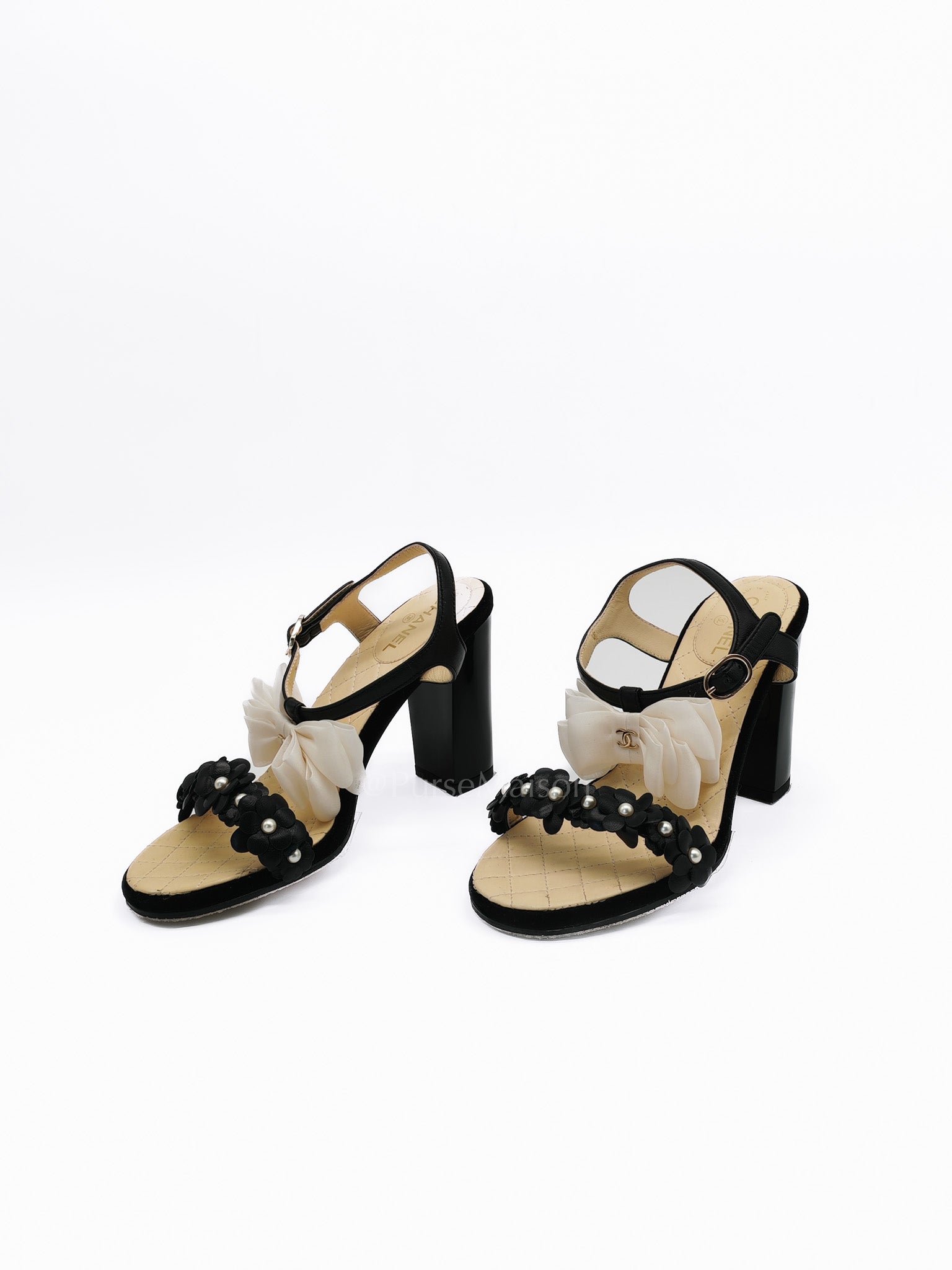 Camellia Pearl Embellished CC Bow Ankle Strap Lambskin Leather Sandals Size 34.5EU (21.5CM) | Purse Maison Luxury Bags Shop